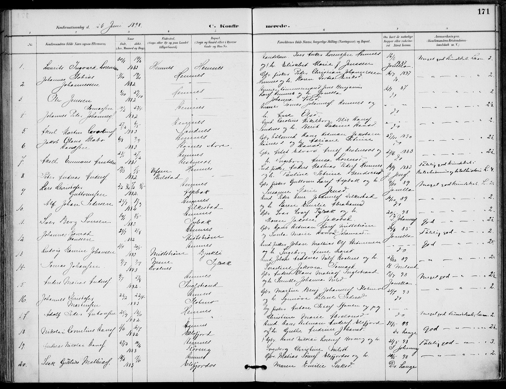 Ministerialprotokoller, klokkerbøker og fødselsregistre - Nordland, SAT/A-1459/825/L0362: Parish register (official) no. 825A16, 1886-1908, p. 171