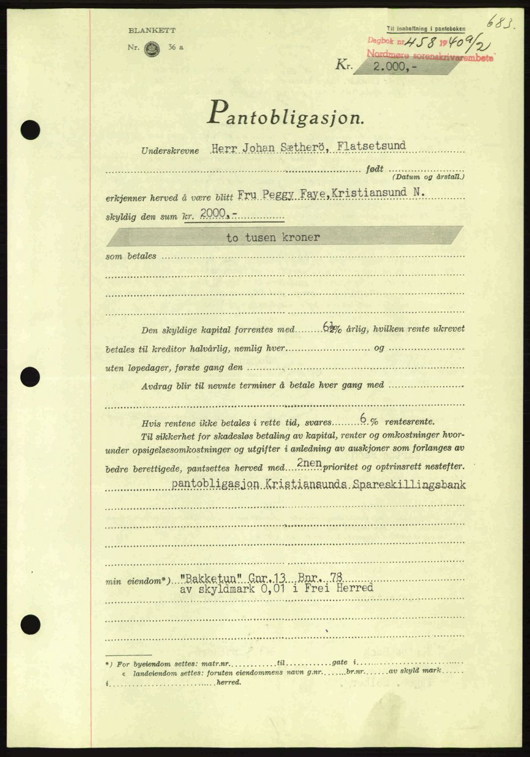 Nordmøre sorenskriveri, AV/SAT-A-4132/1/2/2Ca: Mortgage book no. B86, 1939-1940, Diary no: : 458/1940