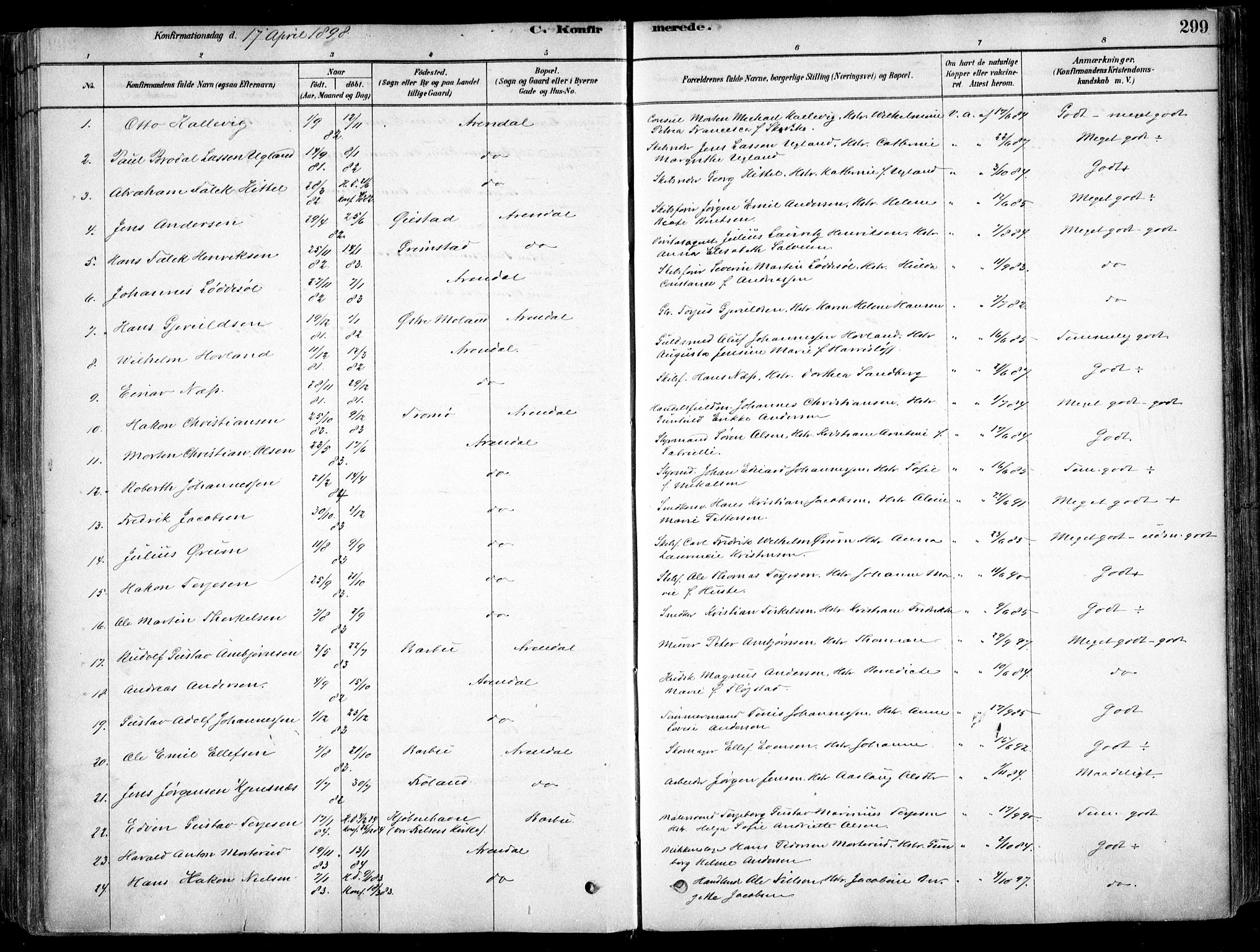 Arendal sokneprestkontor, Trefoldighet, SAK/1111-0040/F/Fa/L0008: Parish register (official) no. A 8, 1878-1899, p. 299