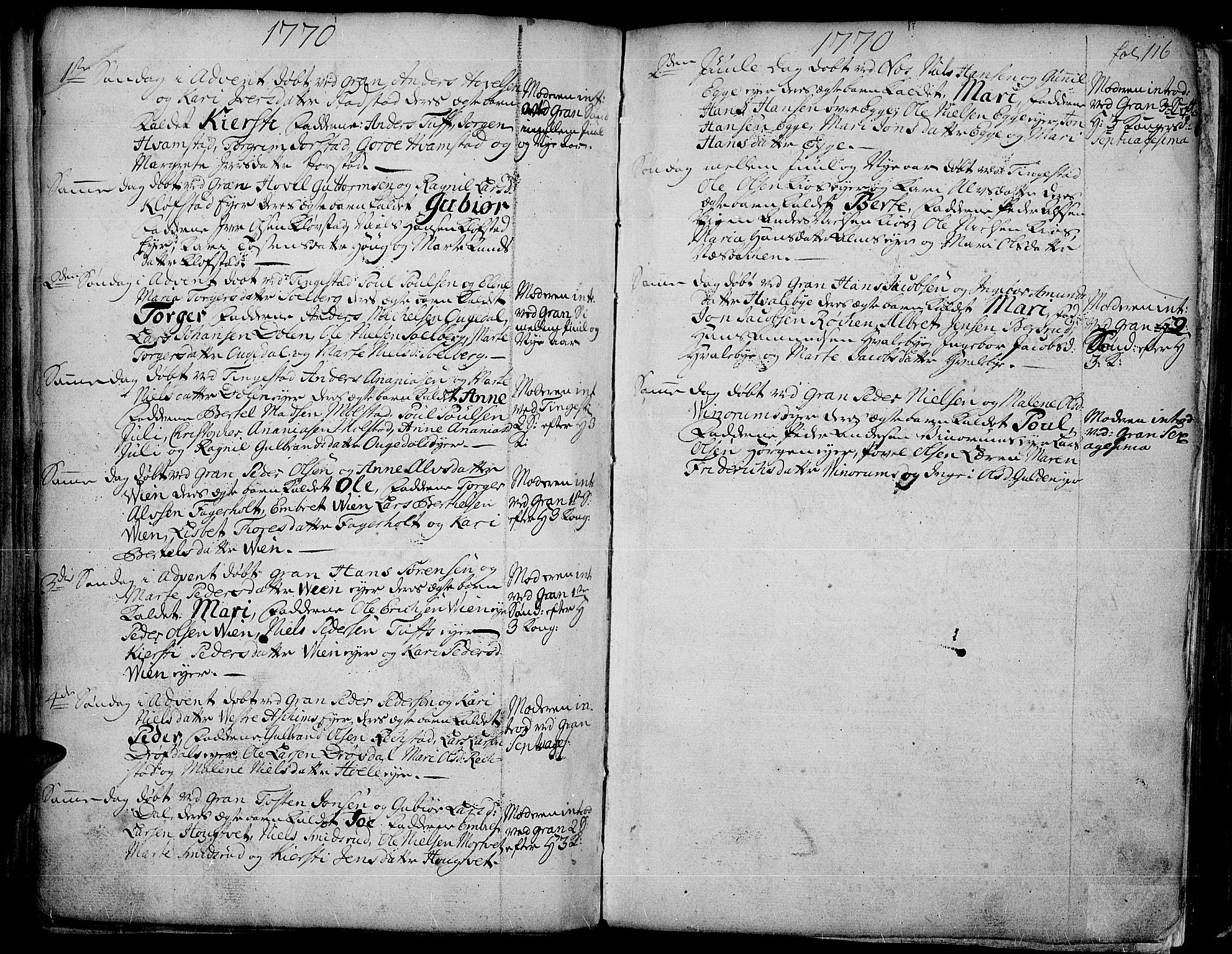 Gran prestekontor, AV/SAH-PREST-112/H/Ha/Haa/L0004: Parish register (official) no. 4, 1759-1775, p. 116