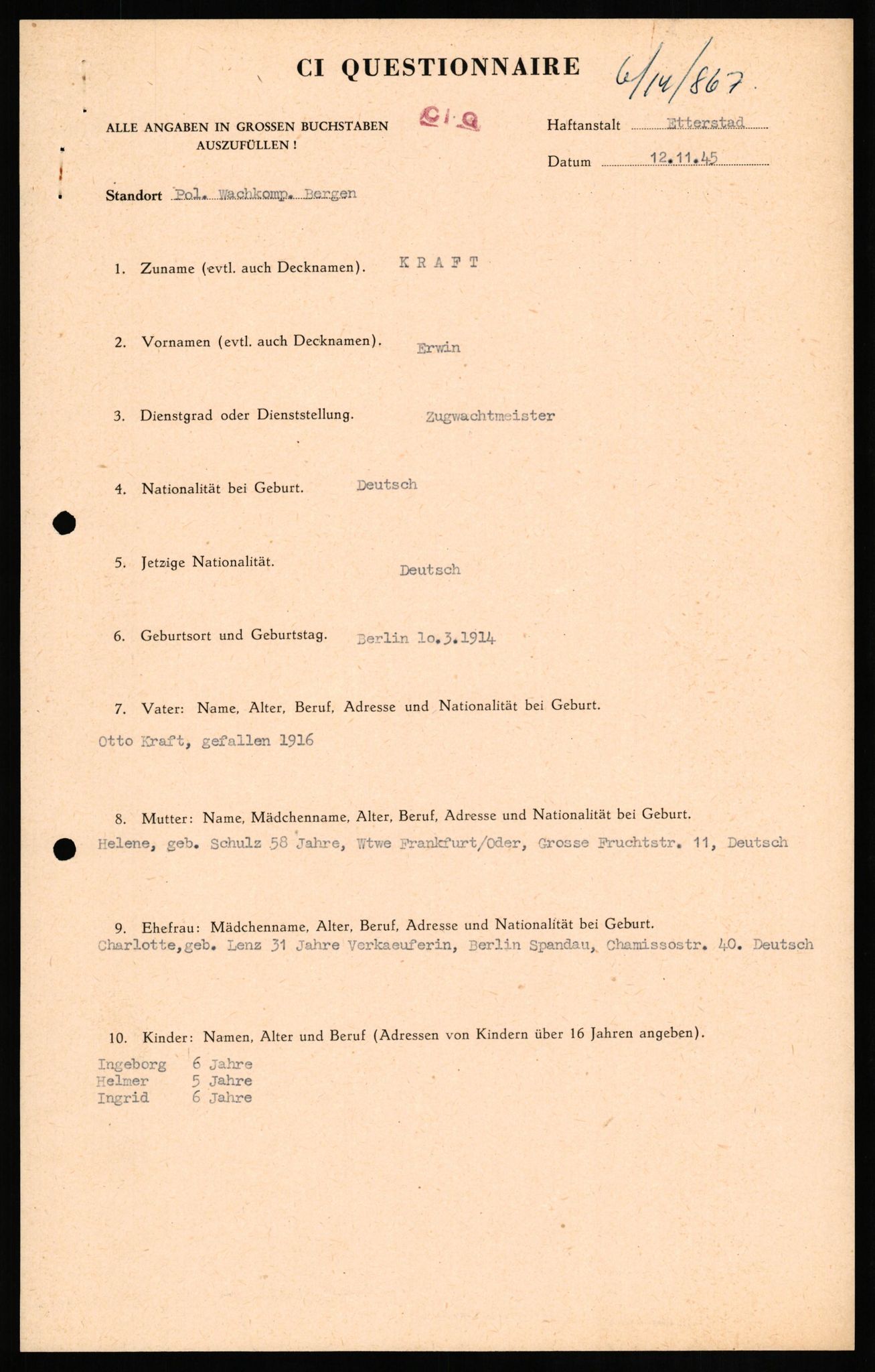 Forsvaret, Forsvarets overkommando II, AV/RA-RAFA-3915/D/Db/L0018: CI Questionaires. Tyske okkupasjonsstyrker i Norge. Tyskere., 1945-1946, p. 26