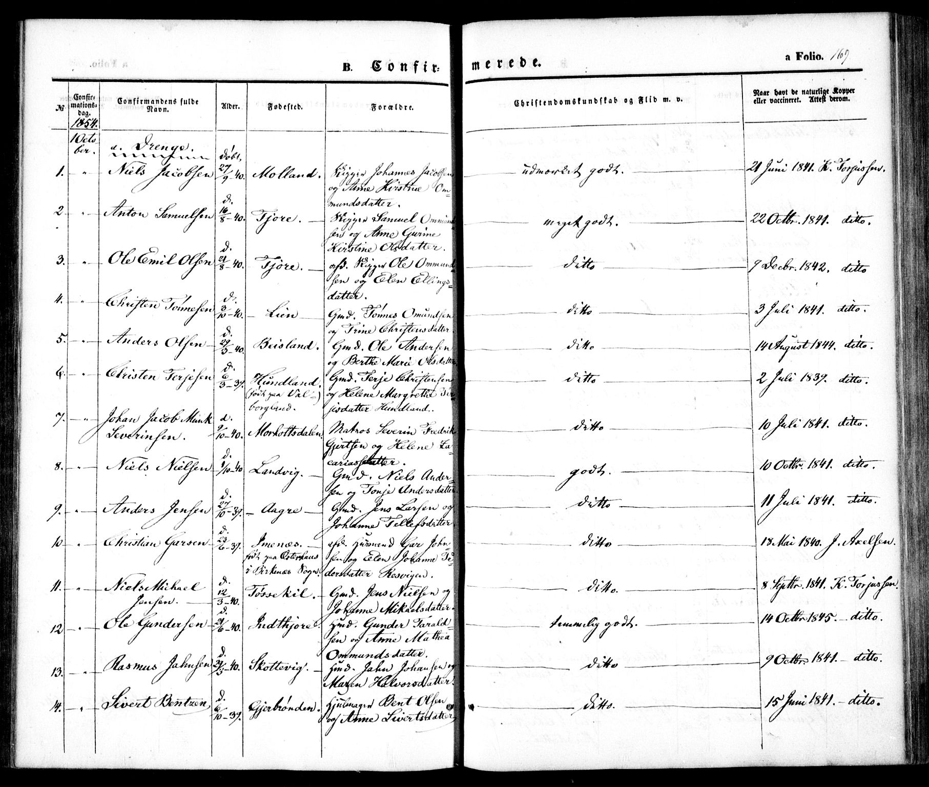 Hommedal sokneprestkontor, AV/SAK-1111-0023/F/Fa/Fab/L0004: Parish register (official) no. A 4, 1848-1860, p. 169