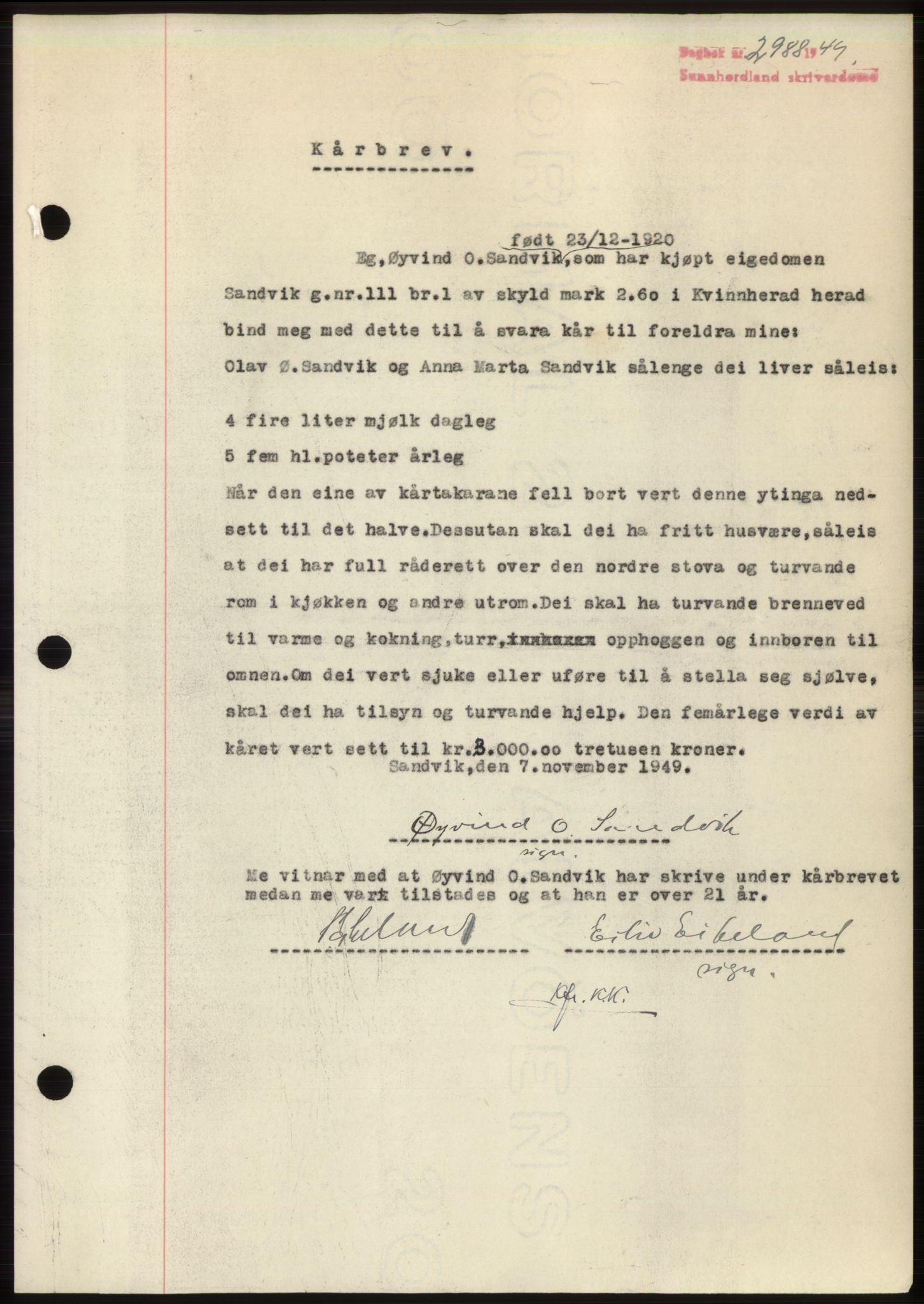 Sunnhordland sorenskrivar, AV/SAB-A-2401: Mortgage book no. B75-79, 1948-1950, Diary no: : 2988/1949