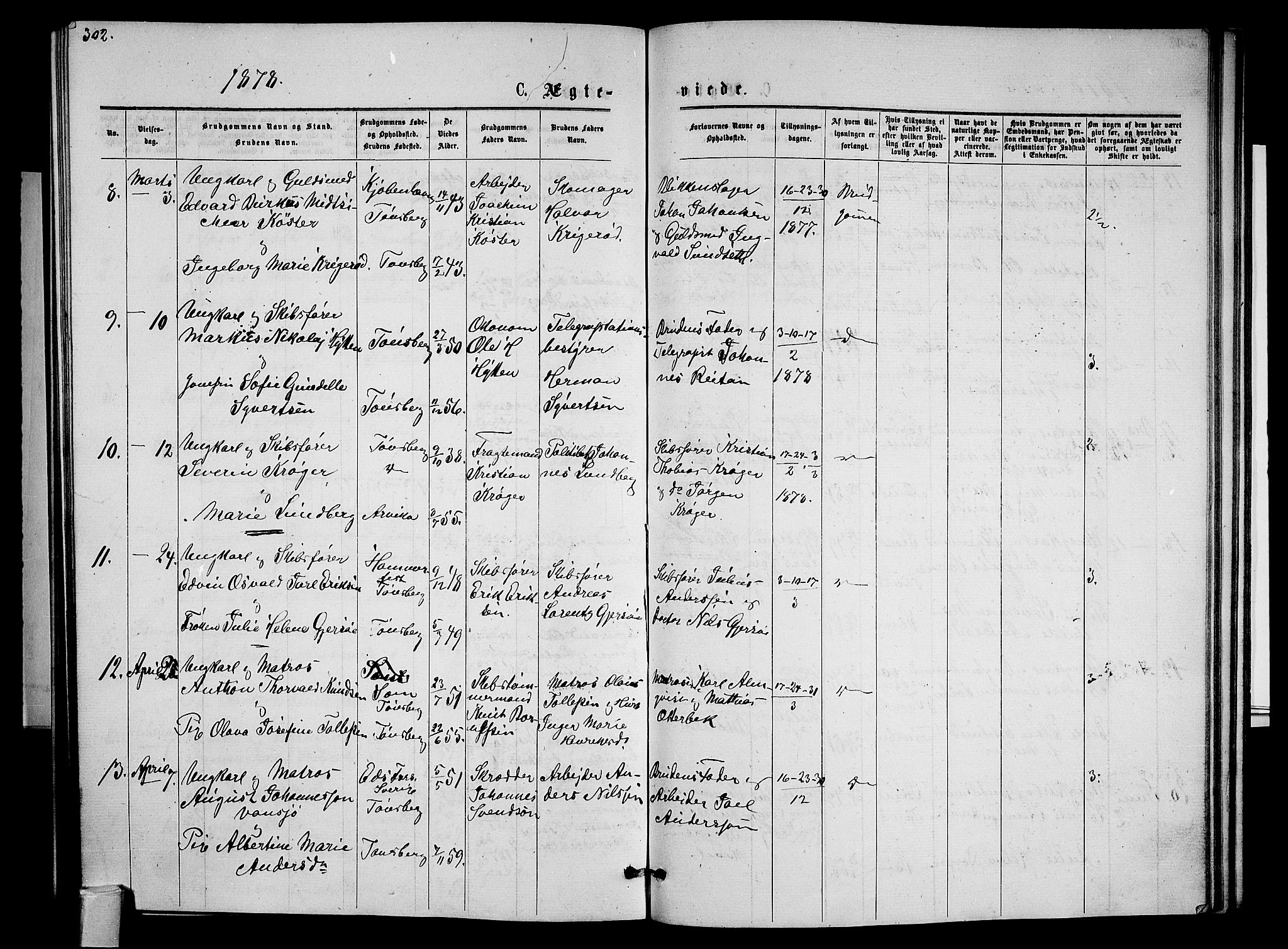 Tønsberg kirkebøker, AV/SAKO-A-330/G/Ga/L0005: Parish register (copy) no. 5, 1875-1885, p. 302