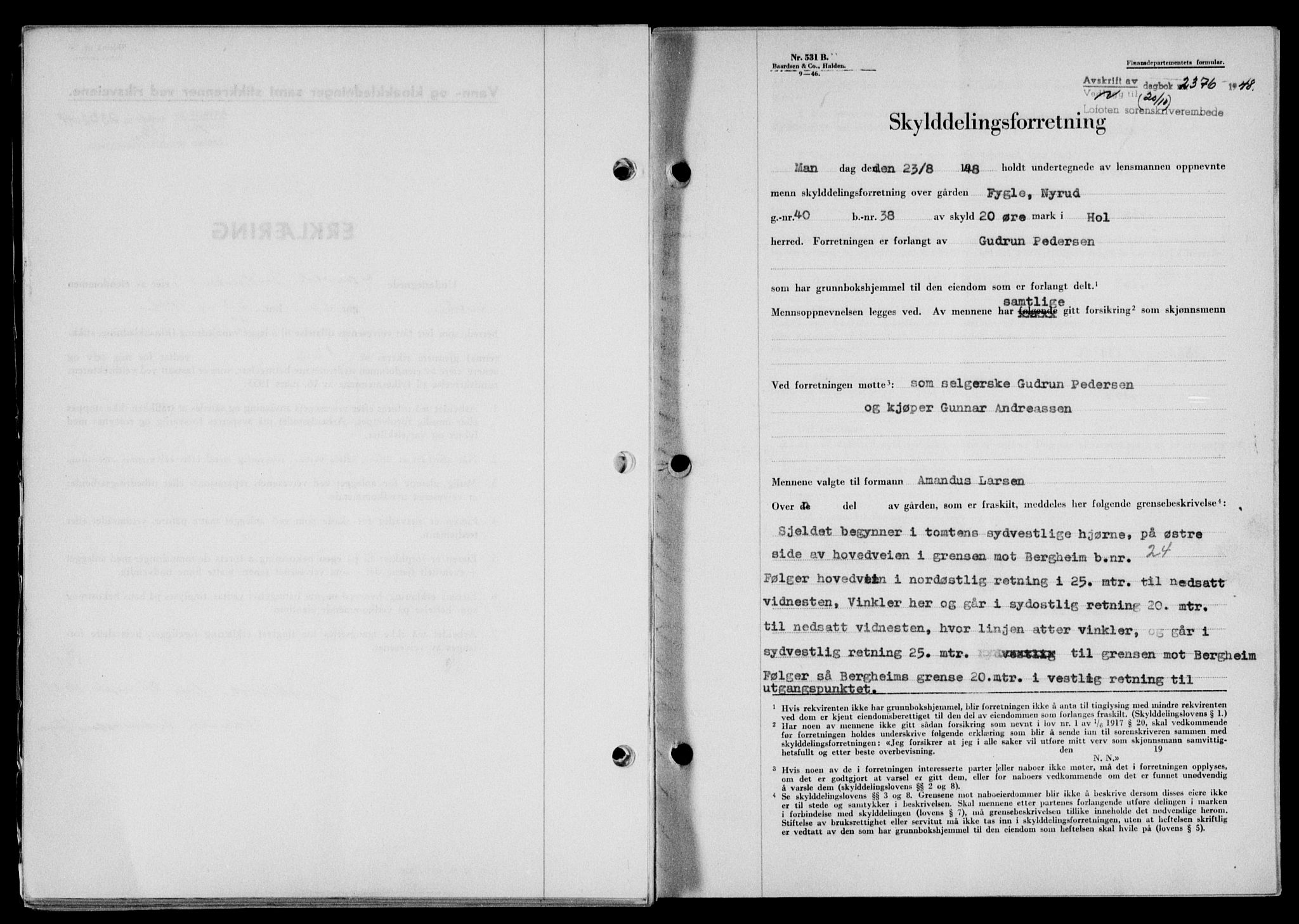 Lofoten sorenskriveri, SAT/A-0017/1/2/2C/L0019a: Mortgage book no. 19a, 1948-1948, Diary no: : 2376/1948