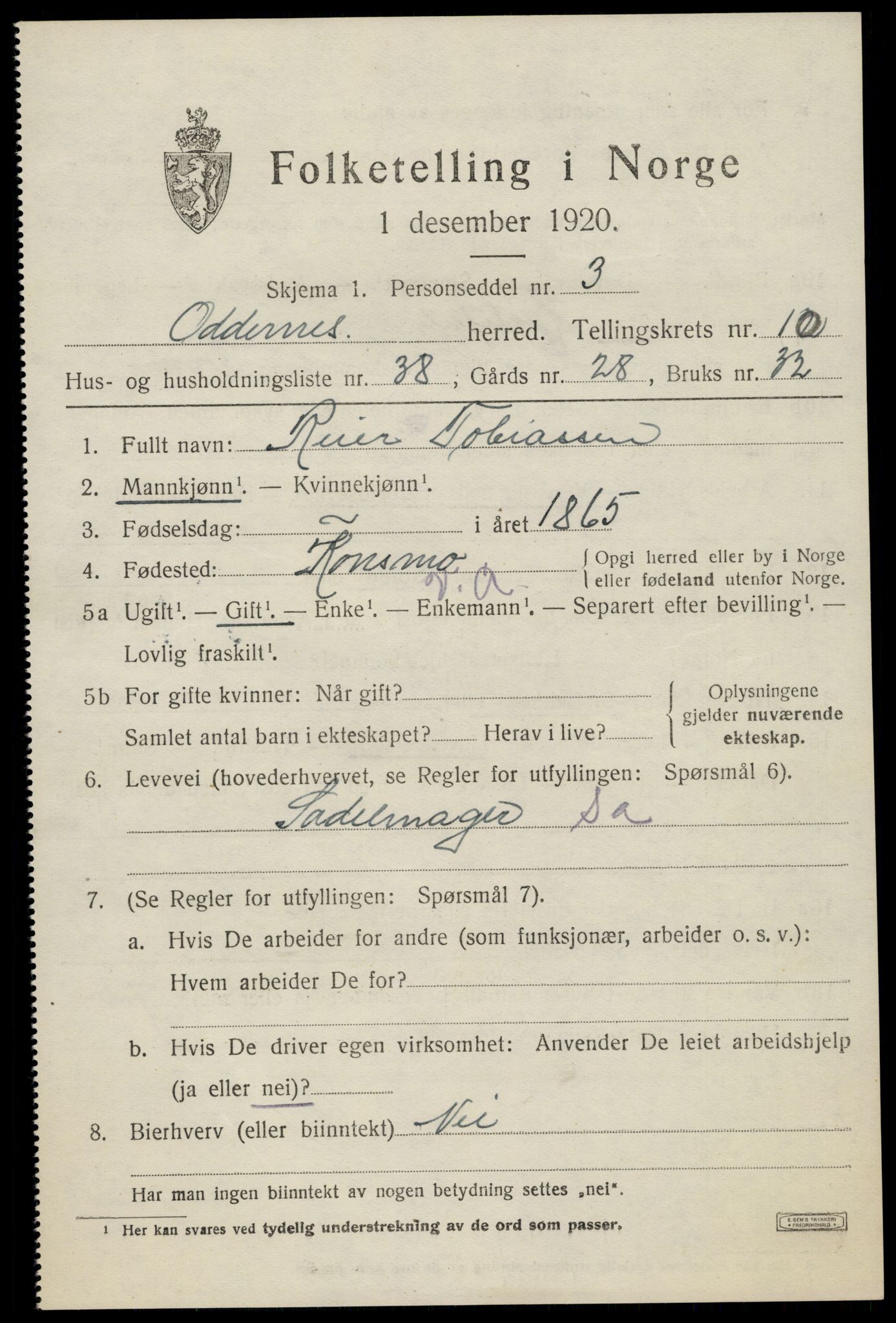 SAK, 1920 census for Oddernes, 1920, p. 6843