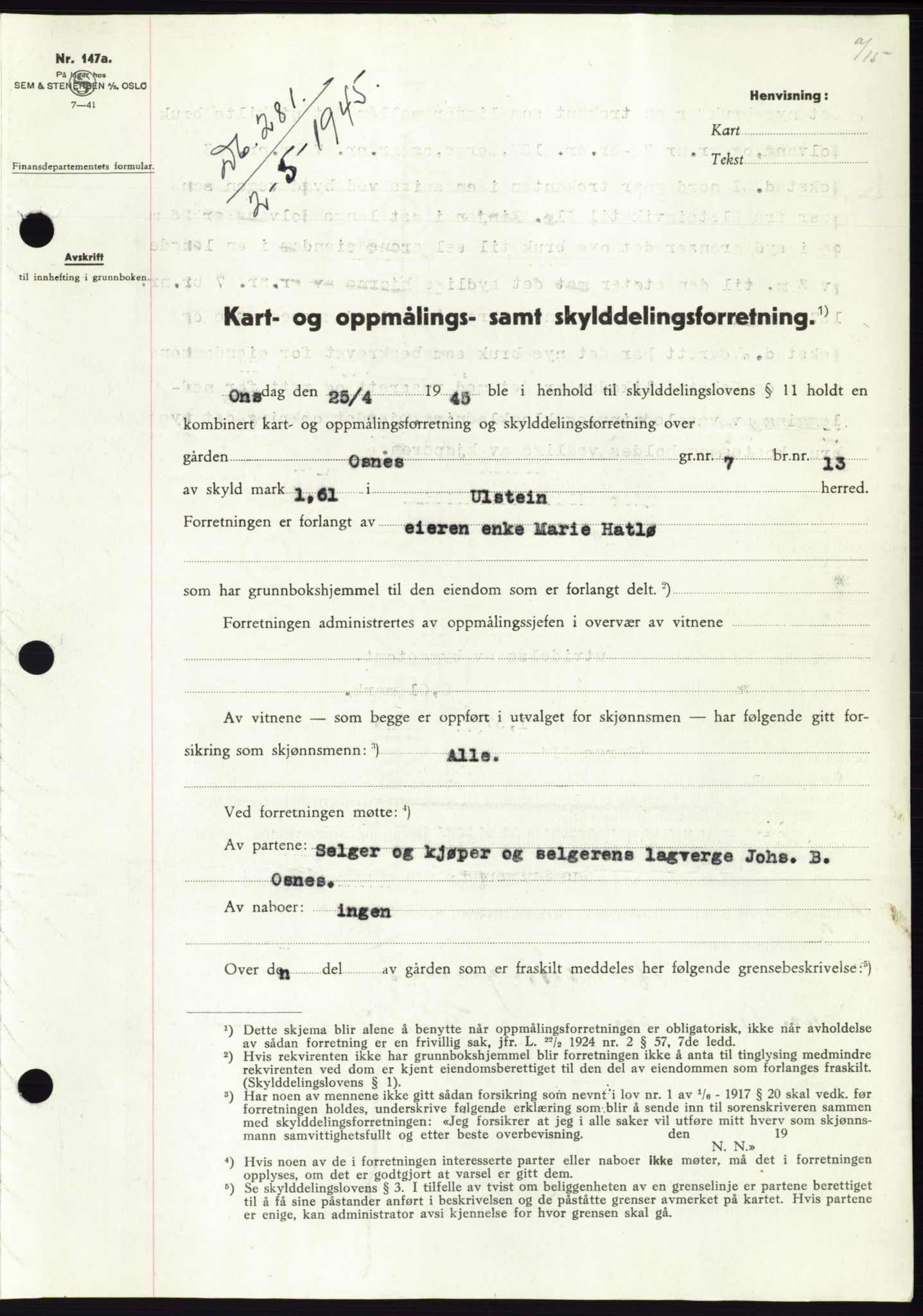 Søre Sunnmøre sorenskriveri, AV/SAT-A-4122/1/2/2C/L0077: Mortgage book no. 3A, 1945-1946, Diary no: : 281/1945