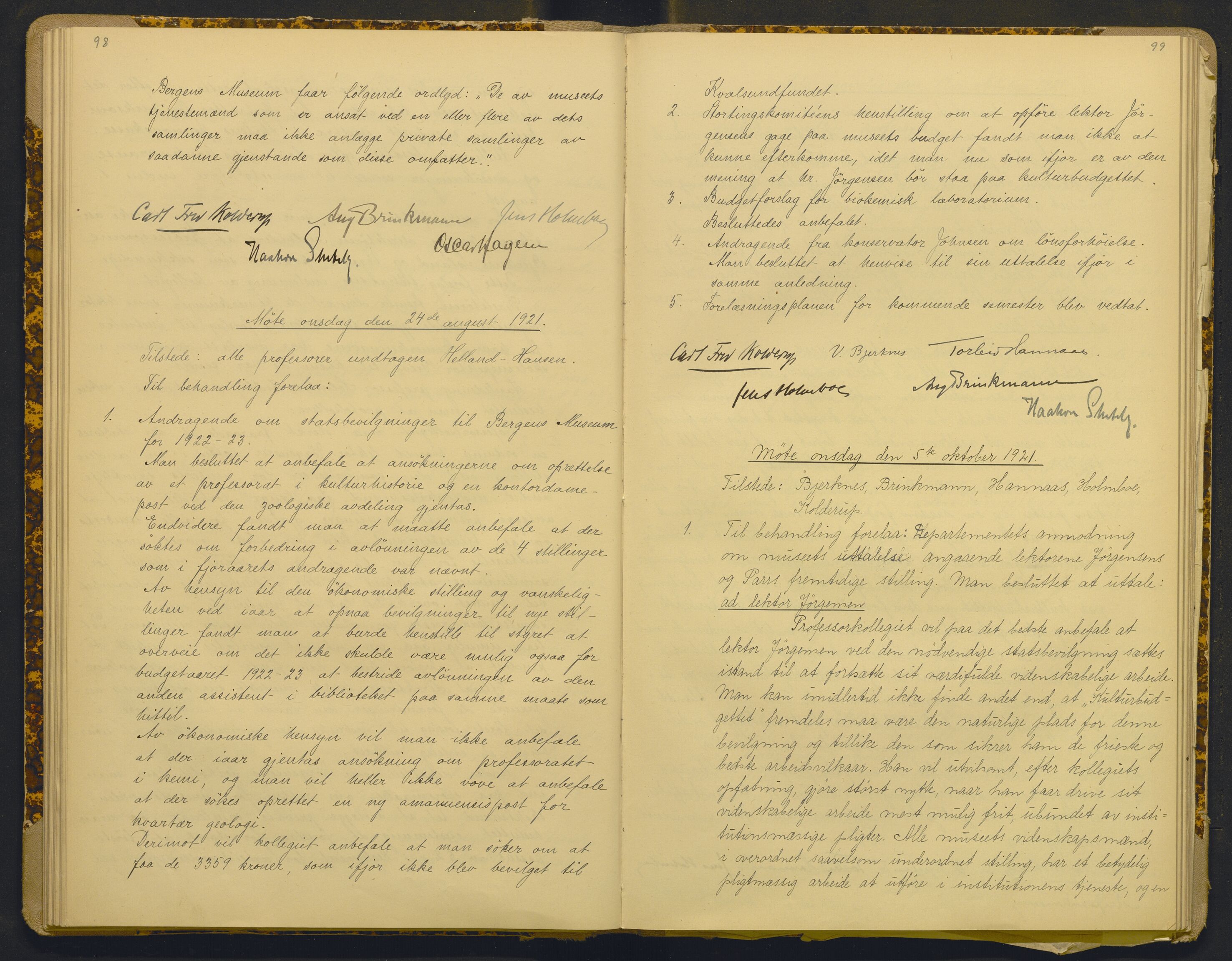 Bergens Museum, AV/SAB-A-17301/18/A/L0001: Bestyrerkollegiets forhandlingsprotokoll med register , 1907-1927, p. 98-99