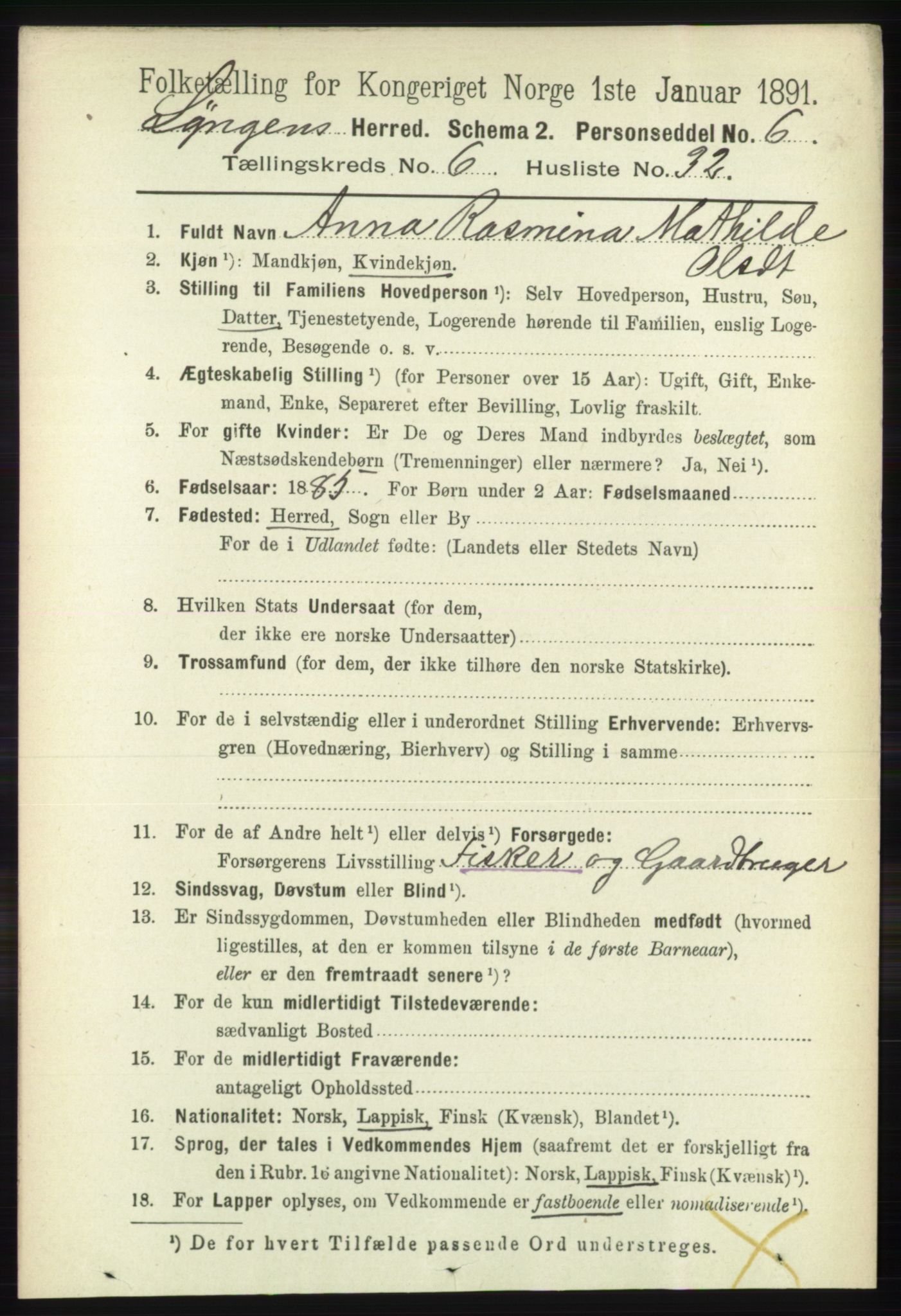 RA, 1891 census for 1938 Lyngen, 1891, p. 5484