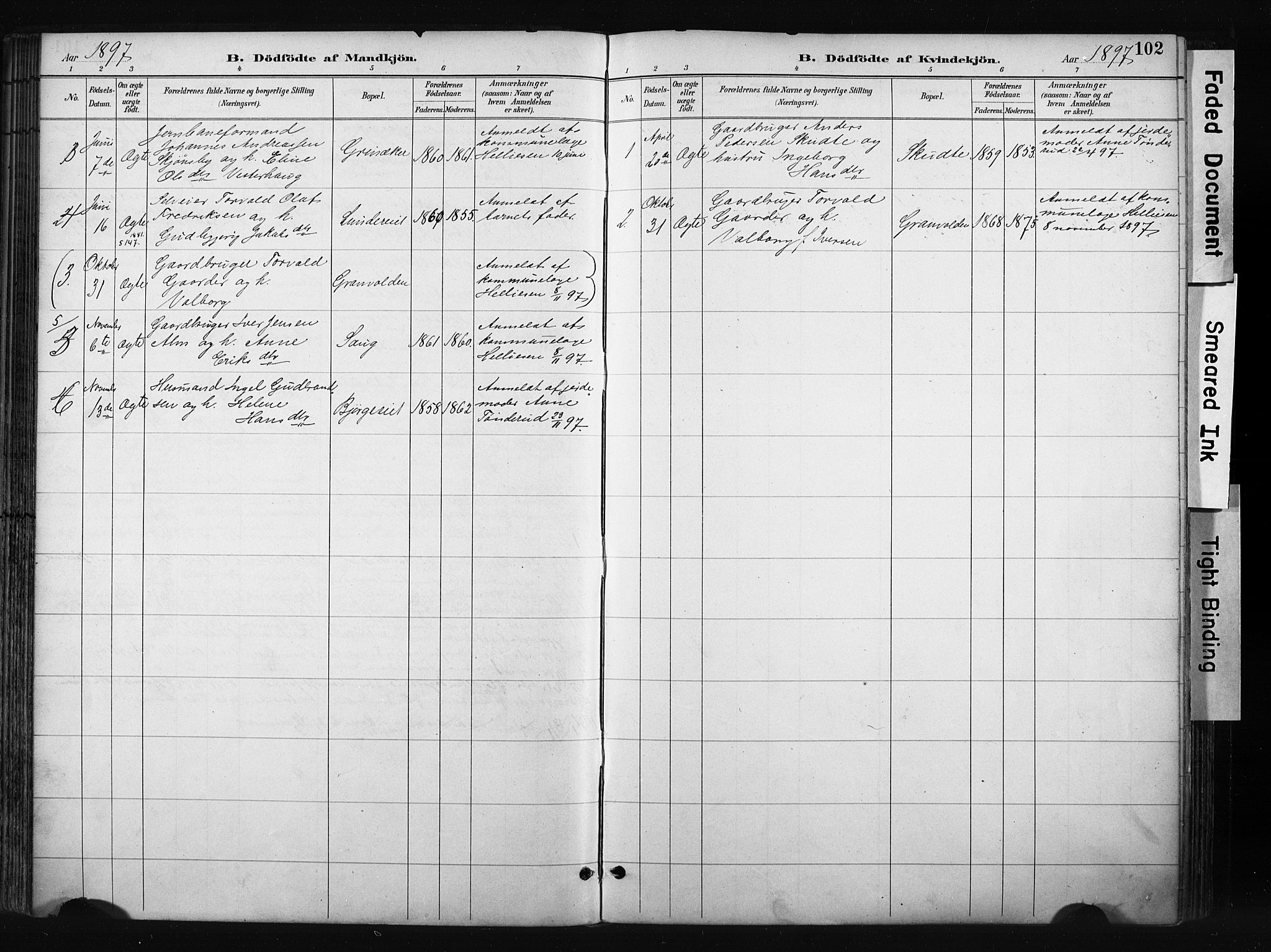 Gran prestekontor, SAH/PREST-112/H/Ha/Haa/L0017: Parish register (official) no. 17, 1889-1897, p. 102