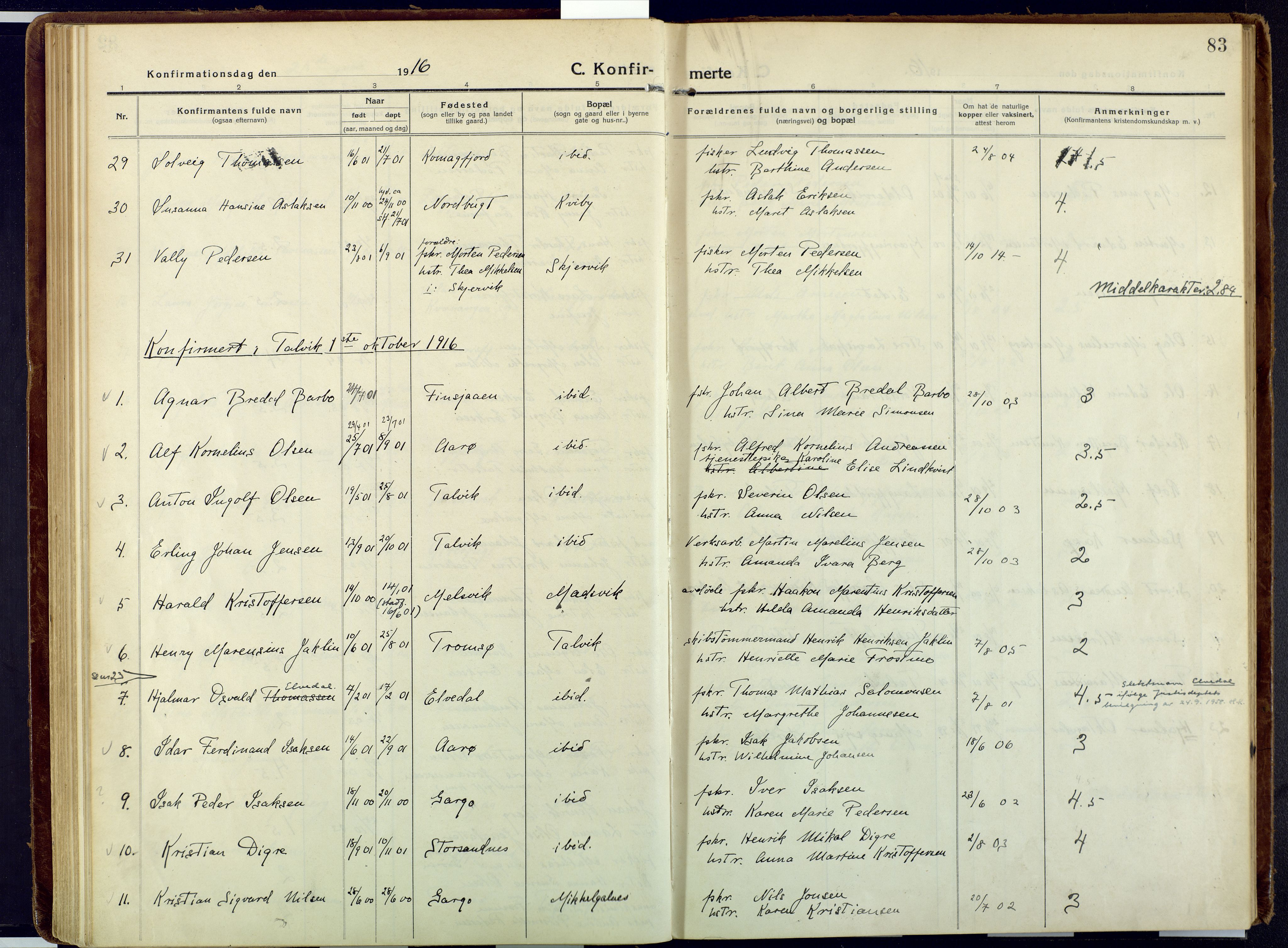 Talvik sokneprestkontor, SATØ/S-1337/H/Ha/L0018kirke: Parish register (official) no. 18, 1915-1924, p. 83