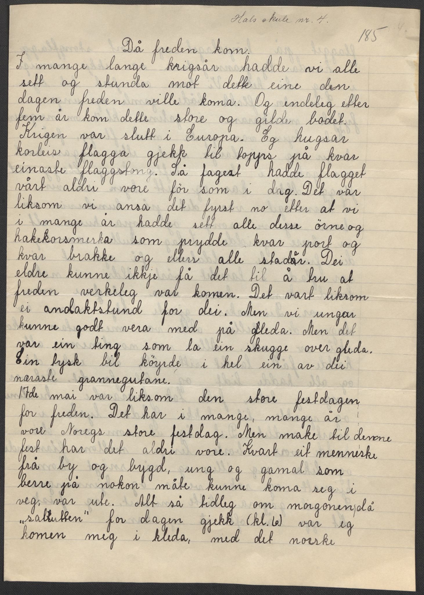 Det norske totalavholdsselskap, RA/PA-0419/E/Eb/L0603: Skolestiler om krigstida (ordnet topografisk etter distrikt og skole), 1946, p. 140