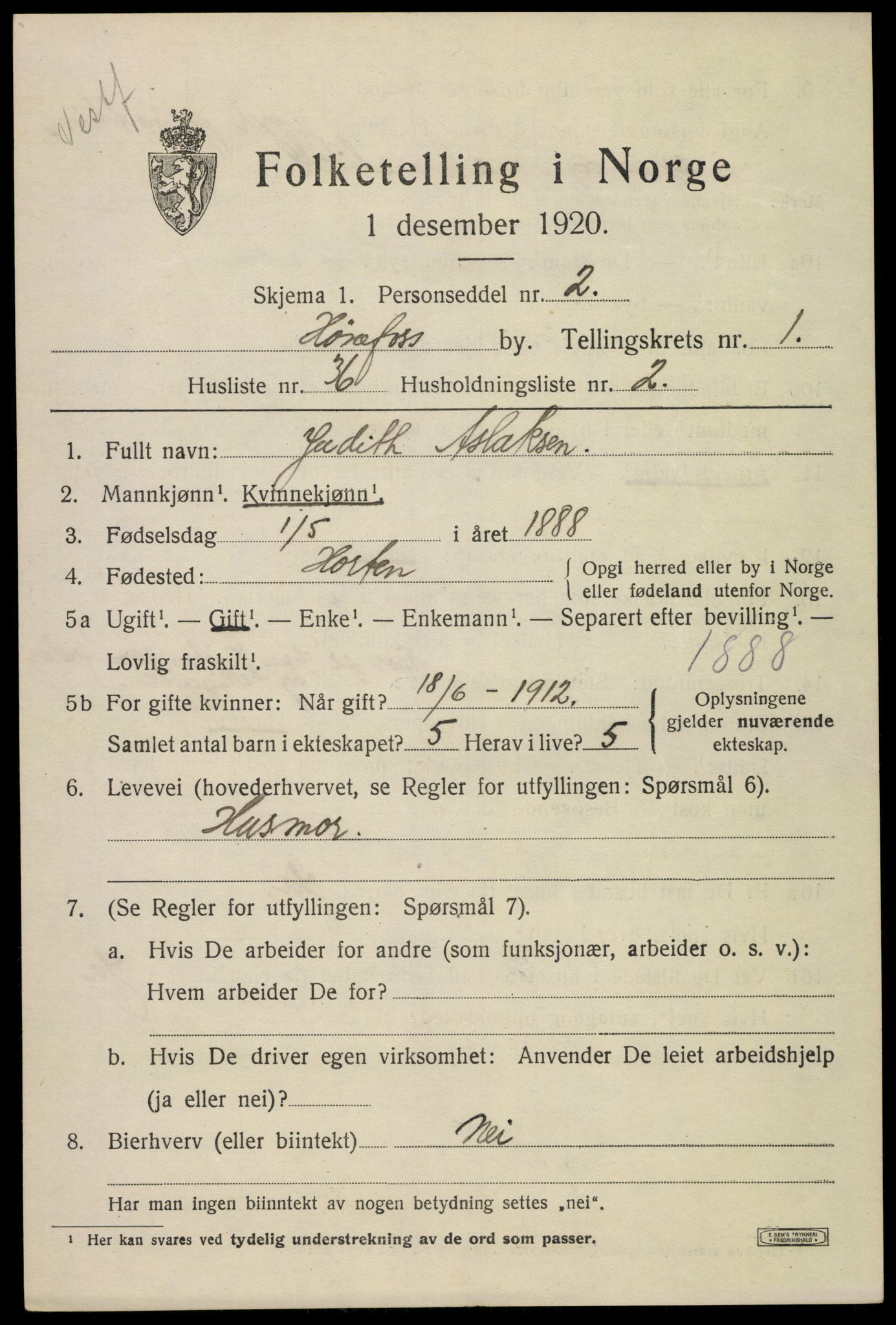 SAKO, 1920 census for Hønefoss, 1920, p. 3000