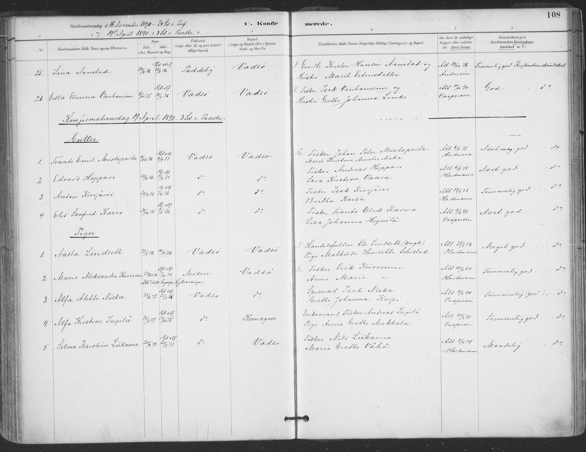 Vadsø sokneprestkontor, SATØ/S-1325/H/Ha/L0006kirke: Parish register (official) no. 6, 1885-1895, p. 108