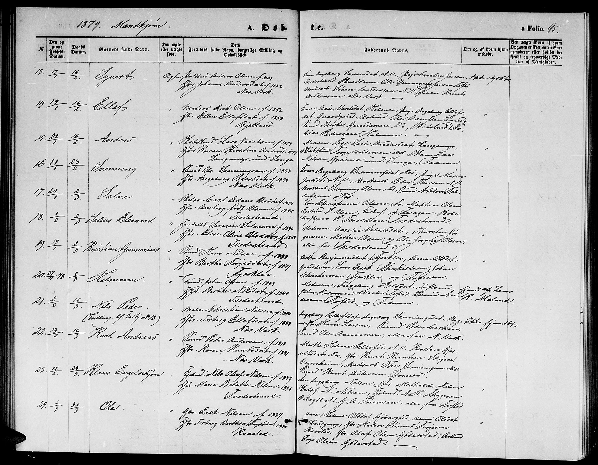 Holt sokneprestkontor, SAK/1111-0021/F/Fb/L0009: Parish register (copy) no. B 9, 1871-1883, p. 95