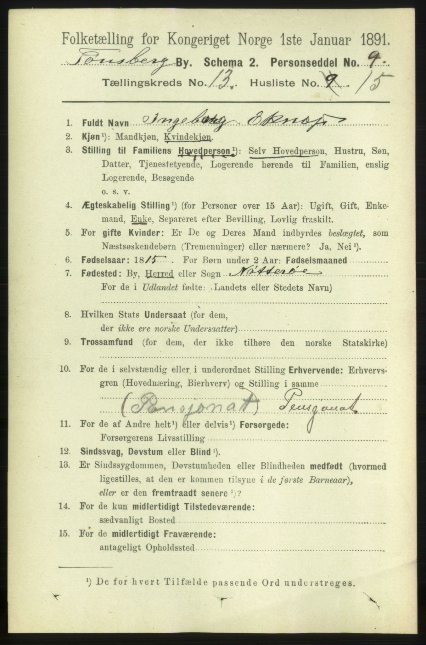 RA, 1891 census for 0705 Tønsberg, 1891, p. 4498