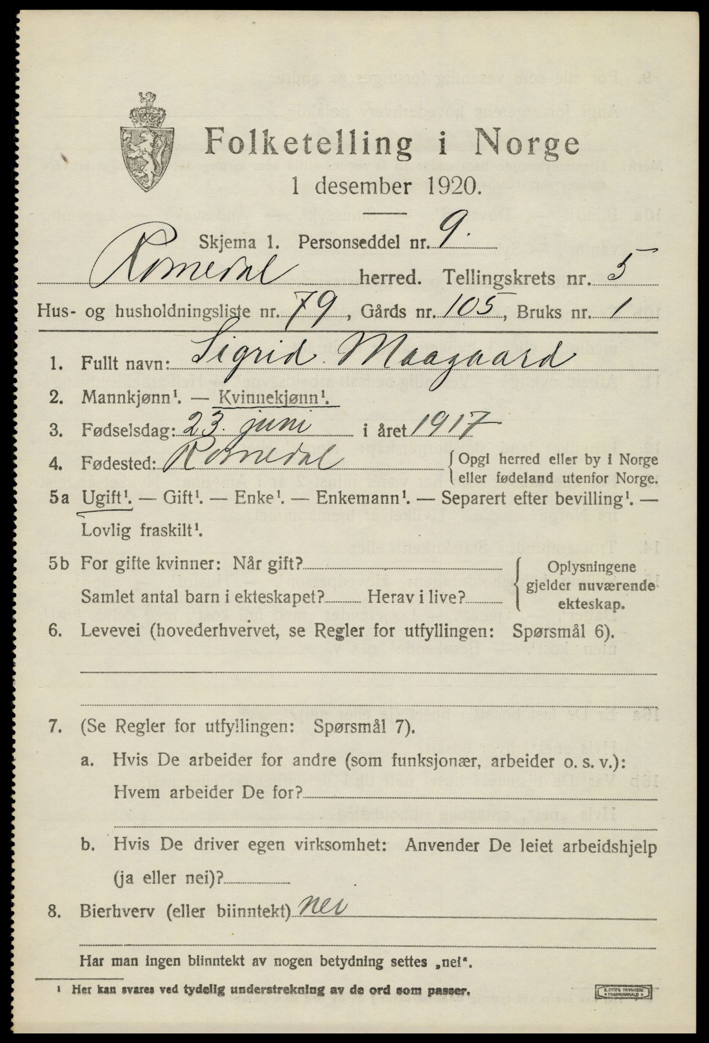 SAH, 1920 census for Romedal, 1920, p. 7761