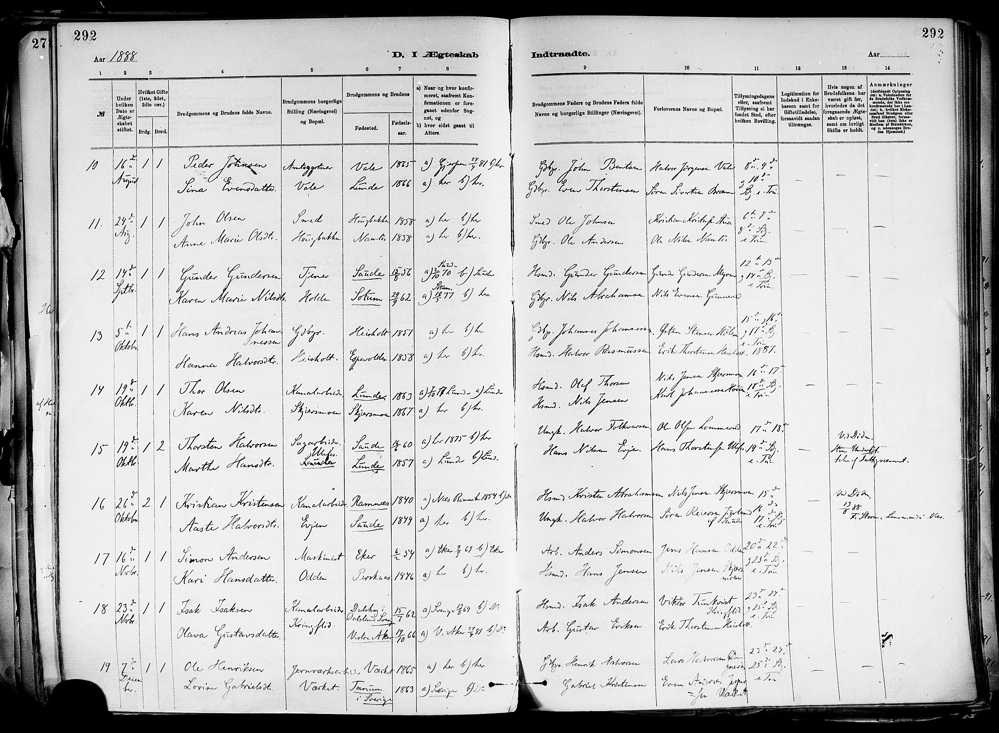 Holla kirkebøker, SAKO/A-272/F/Fa/L0008: Parish register (official) no. 8, 1882-1897, p. 292