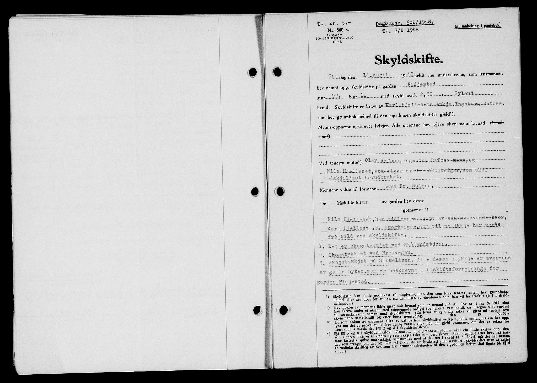 Flekkefjord sorenskriveri, AV/SAK-1221-0001/G/Gb/Gba/L0064: Mortgage book no. A-12, 1948-1949, Diary no: : 602/1948