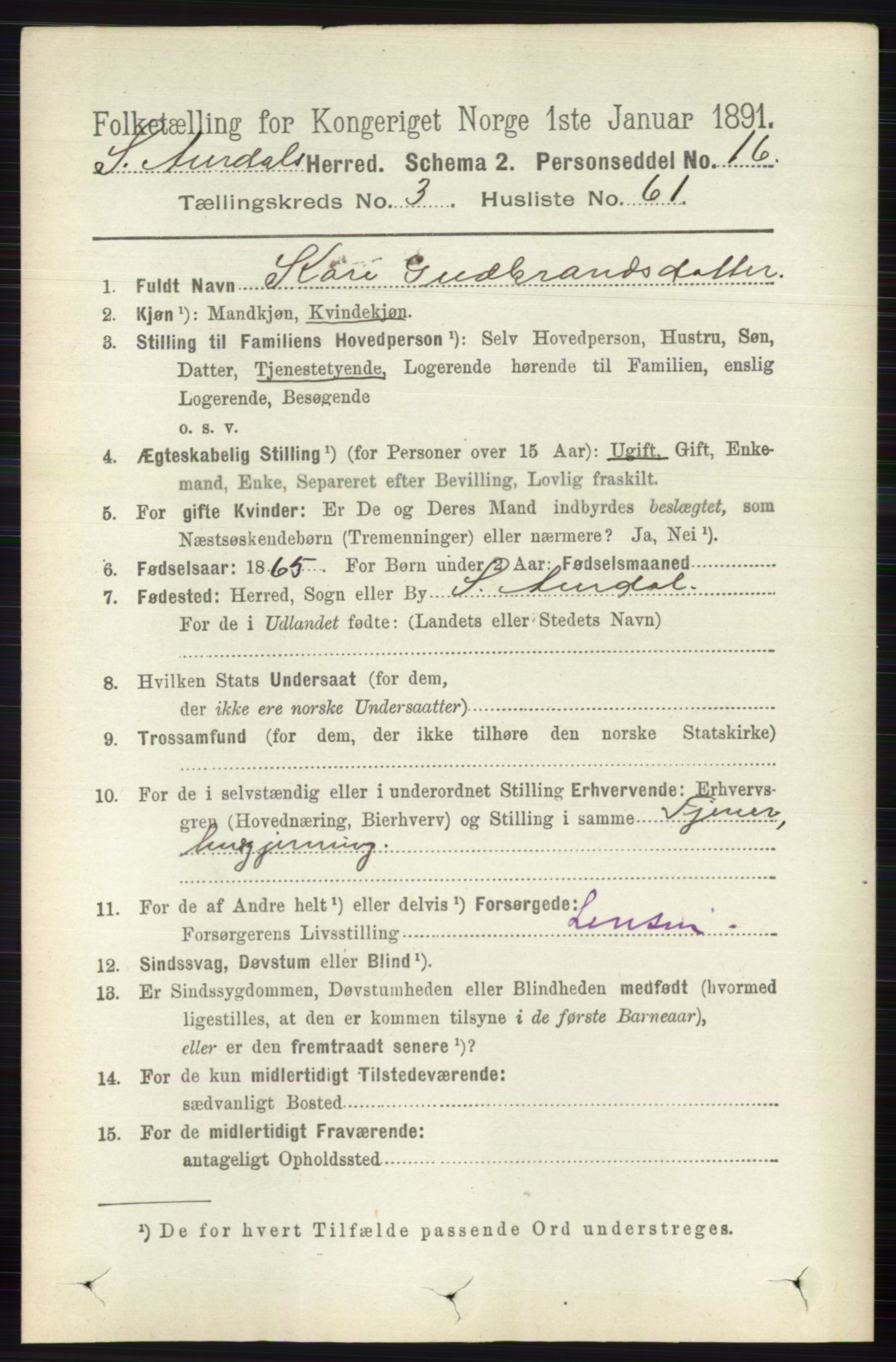 RA, 1891 census for 0540 Sør-Aurdal, 1891, p. 2072