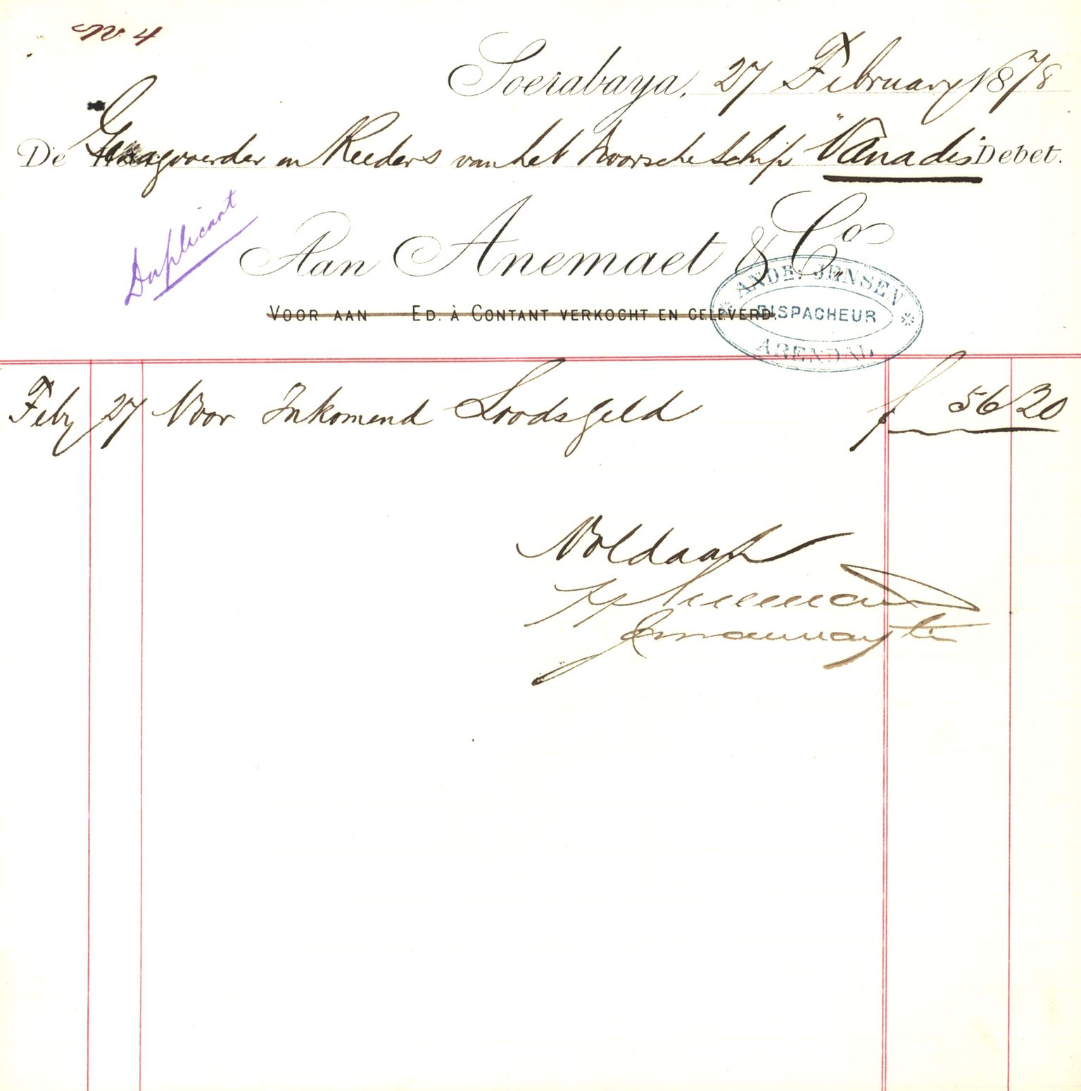 Pa 63 - Østlandske skibsassuranceforening, VEMU/A-1079/G/Ga/L0010/0005: Havaridokumenter / Vanadis, 1878