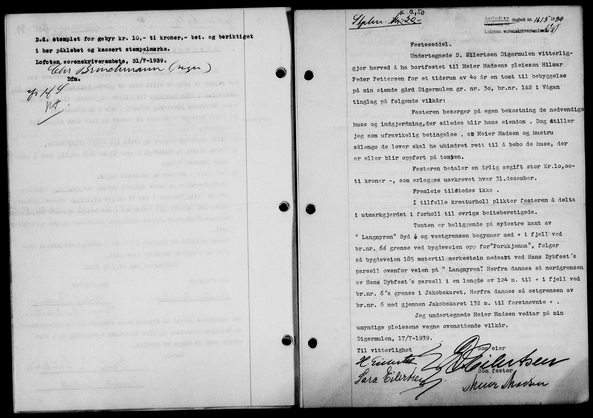 Lofoten sorenskriveri, SAT/A-0017/1/2/2C/L0006a: Mortgage book no. 6a, 1939-1939, Diary no: : 1613/1939