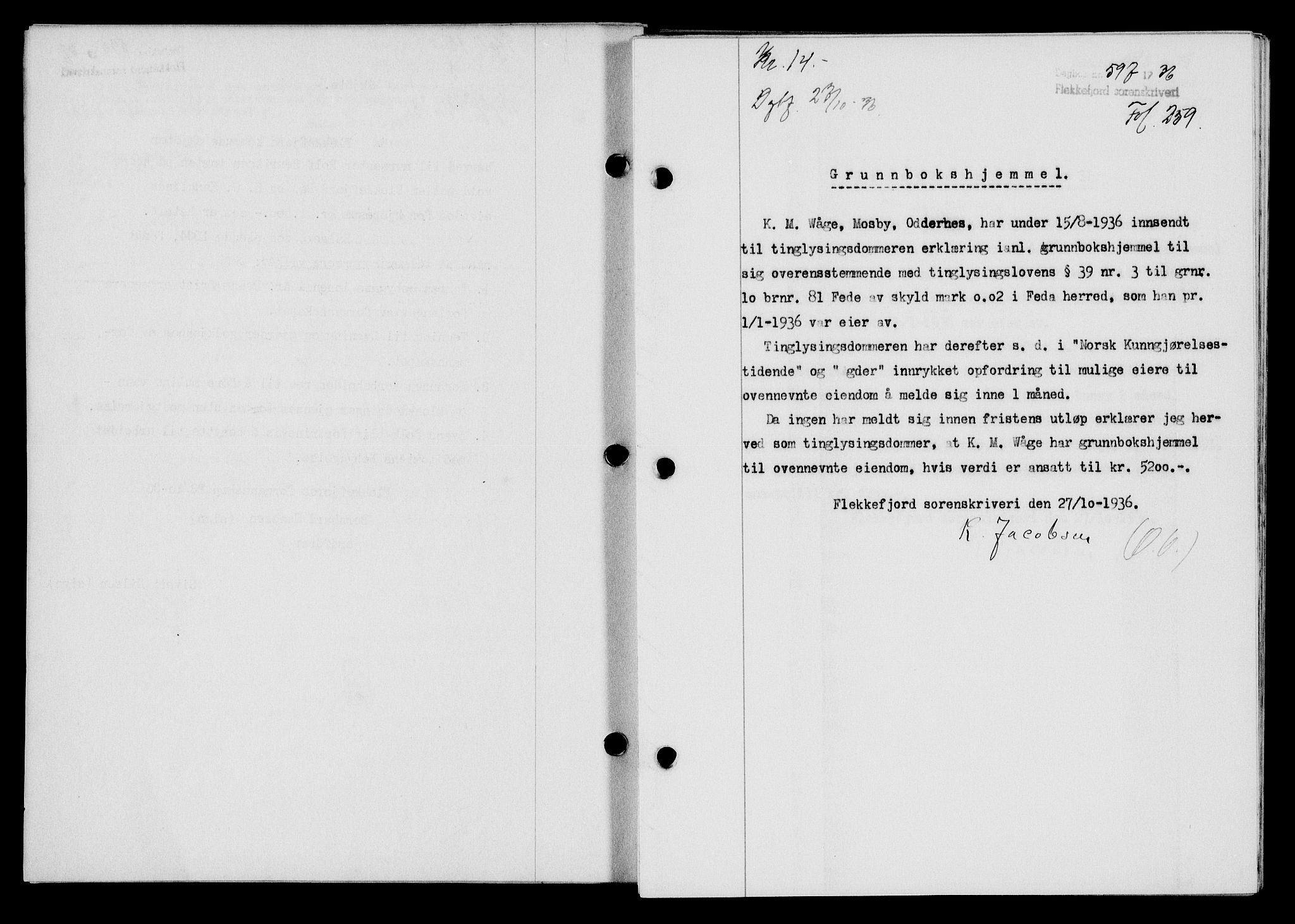 Flekkefjord sorenskriveri, SAK/1221-0001/G/Gb/Gba/L0053: Mortgage book no. A-1, 1936-1937, Diary no: : 597/1936