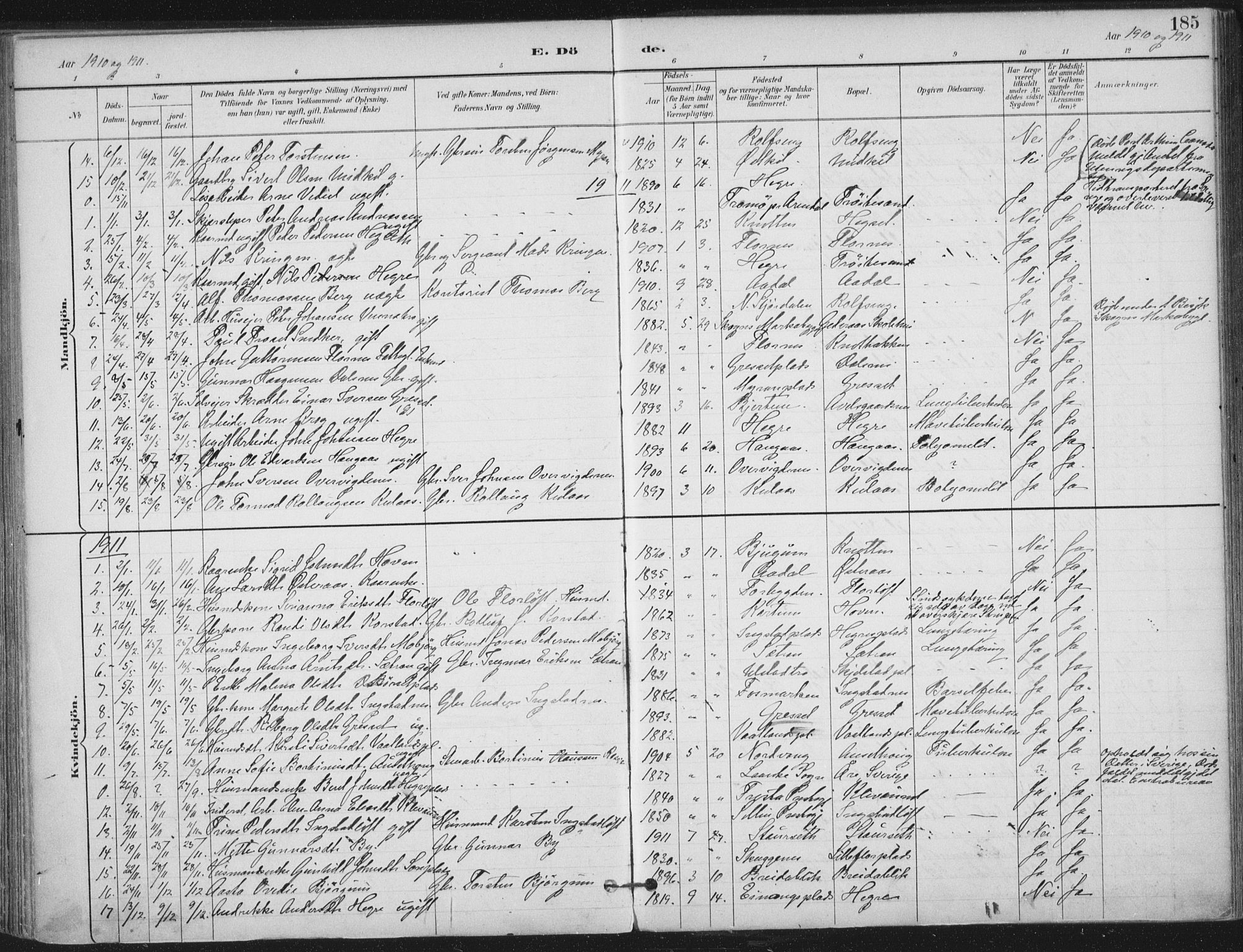 Ministerialprotokoller, klokkerbøker og fødselsregistre - Nord-Trøndelag, SAT/A-1458/703/L0031: Parish register (official) no. 703A04, 1893-1914, p. 185