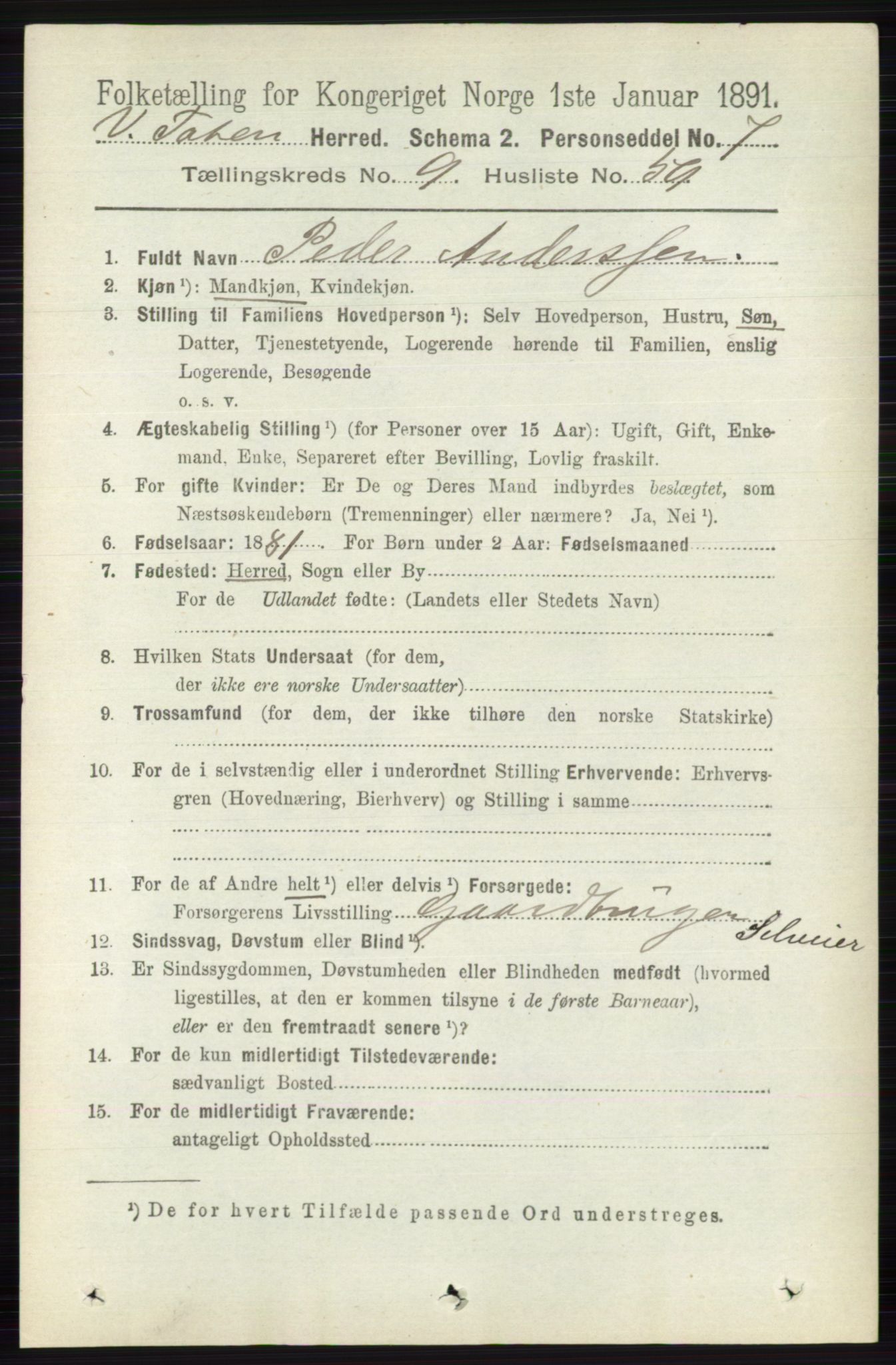 RA, 1891 census for 0529 Vestre Toten, 1891, p. 5926