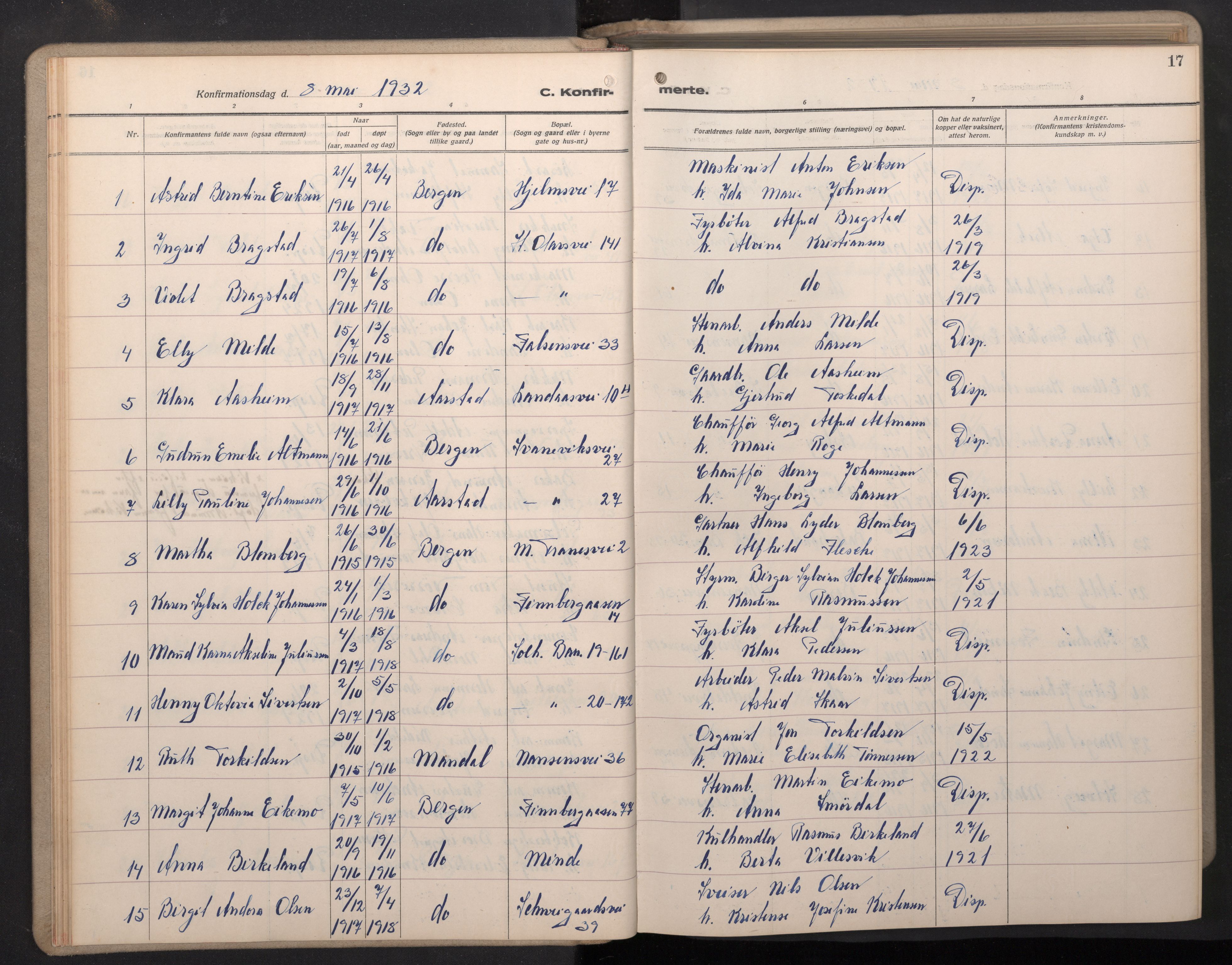 Årstad Sokneprestembete, AV/SAB-A-79301/H/Hab/L0015: Parish register (copy) no. B 5, 1932-1945, p. 16b-17a