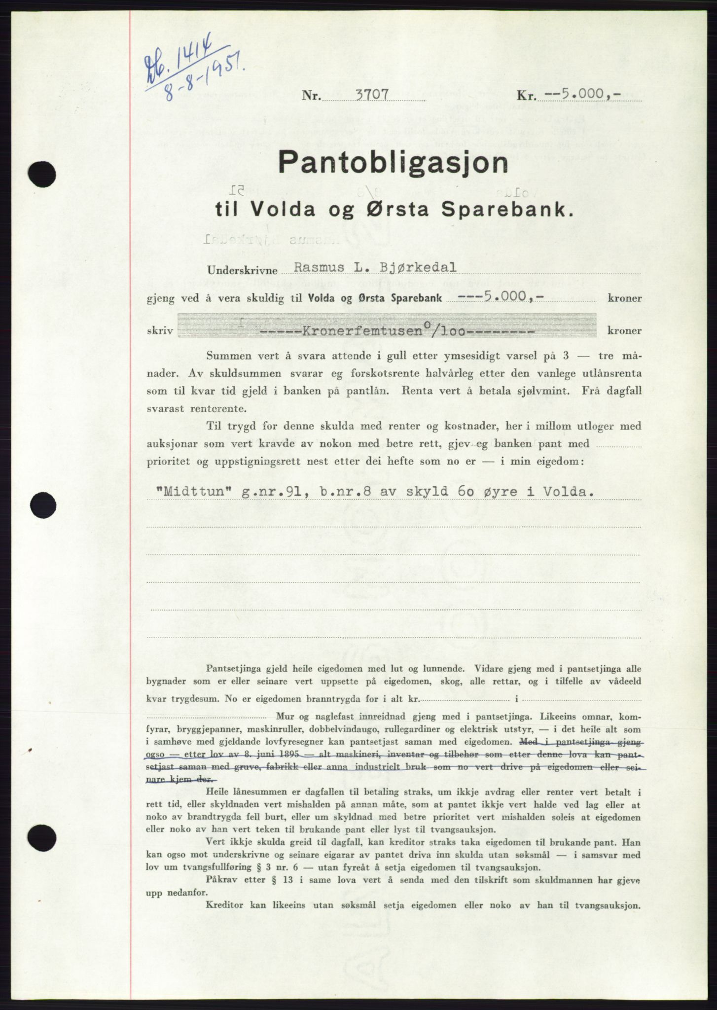 Søre Sunnmøre sorenskriveri, AV/SAT-A-4122/1/2/2C/L0120: Mortgage book no. 8B, 1951-1951, Diary no: : 1414/1951