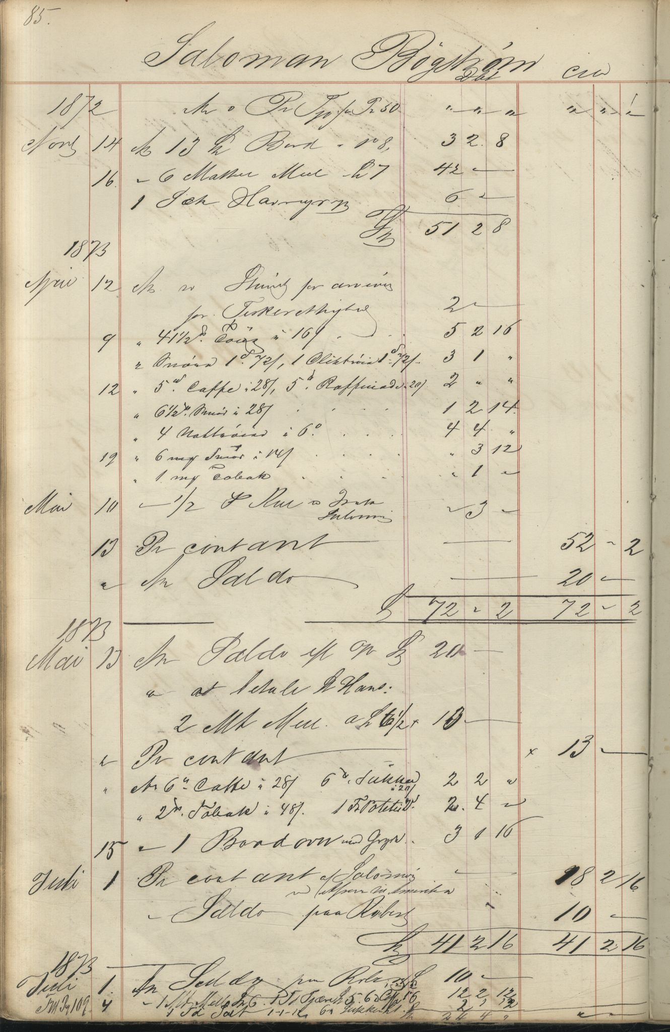 Brodtkorb handel A/S, VAMU/A-0001/F/Fc/L0001/0001: Konto for kvener og nordmenn på Kolahalvøya  / Conto for Kvæner og Nordmænd paa Russefinmarken No 1, 1868-1894, p. 85