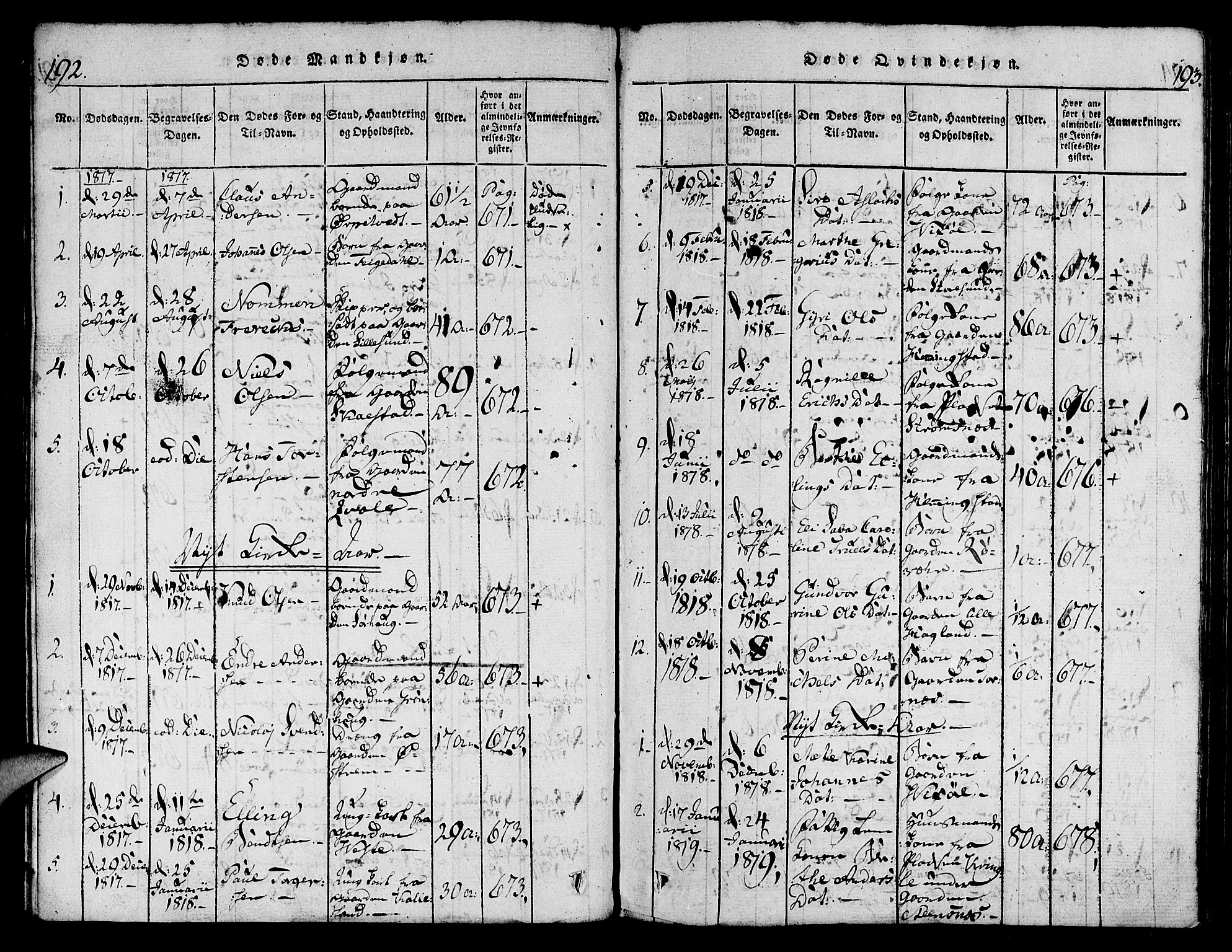Torvastad sokneprestkontor, SAST/A -101857/H/Ha/Haa/L0004: Parish register (official) no. A 4, 1817-1836, p. 192-193