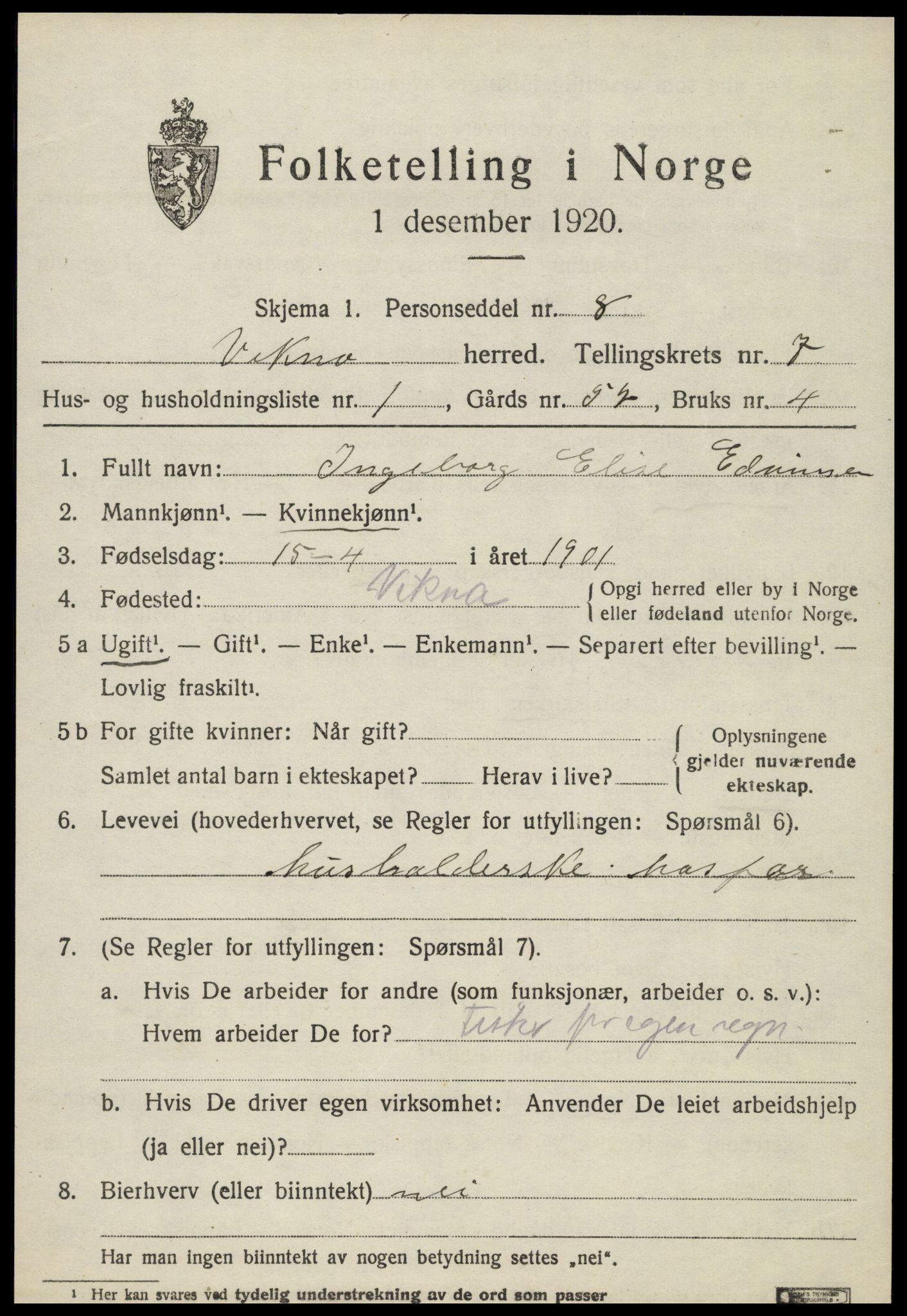 SAT, 1920 census for Vikna, 1920, p. 5489