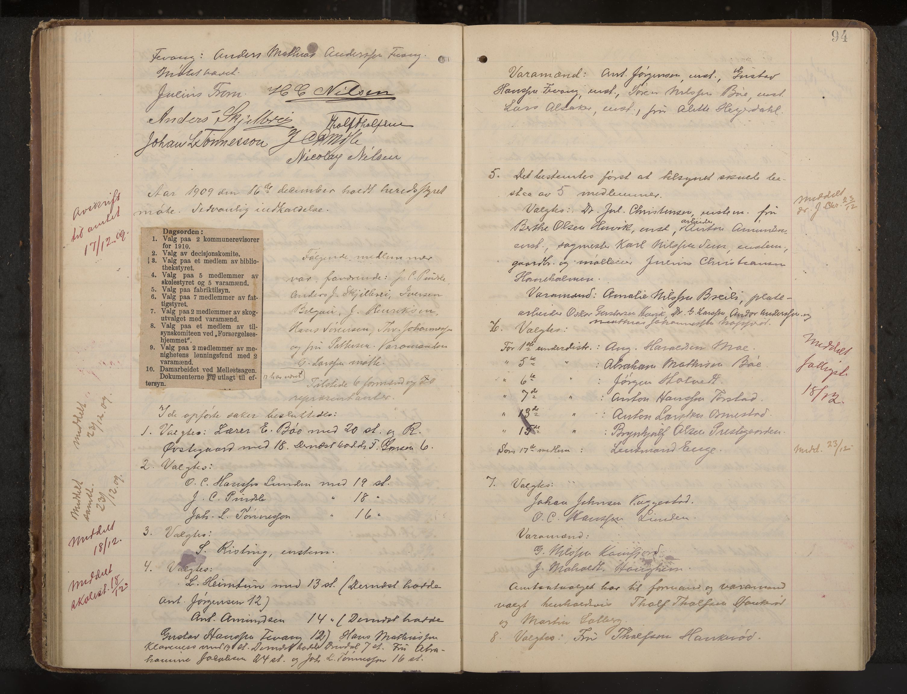 Sandar formannskap og sentraladministrasjon, IKAK/0724021/A/Aa/L0004: Møtebok med register, 1907-1914, p. 94