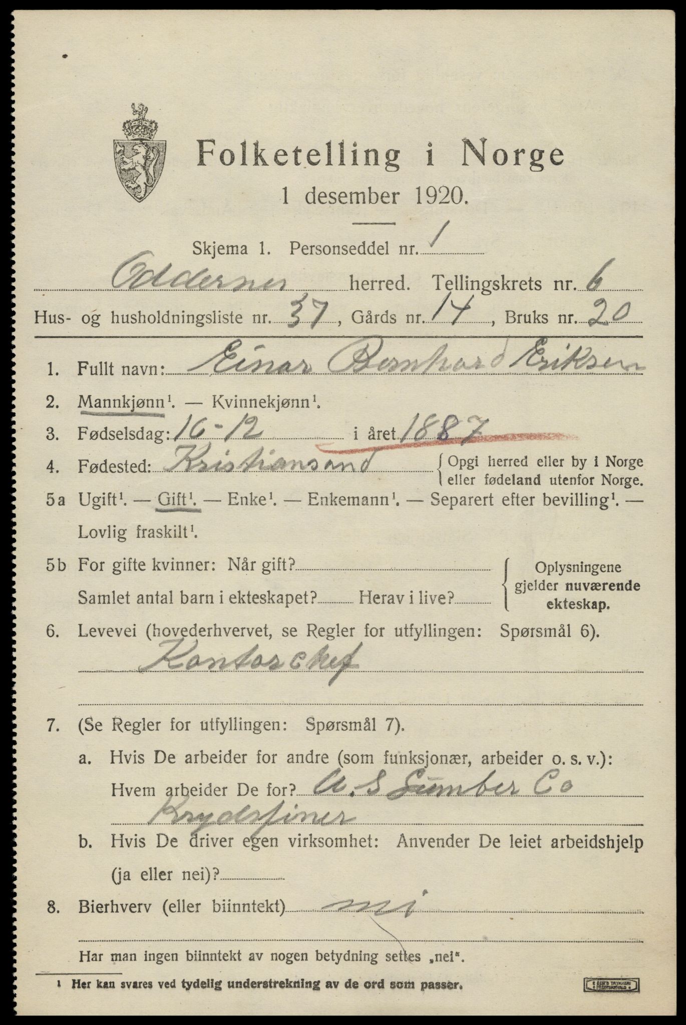 SAK, 1920 census for Oddernes, 1920, p. 5361