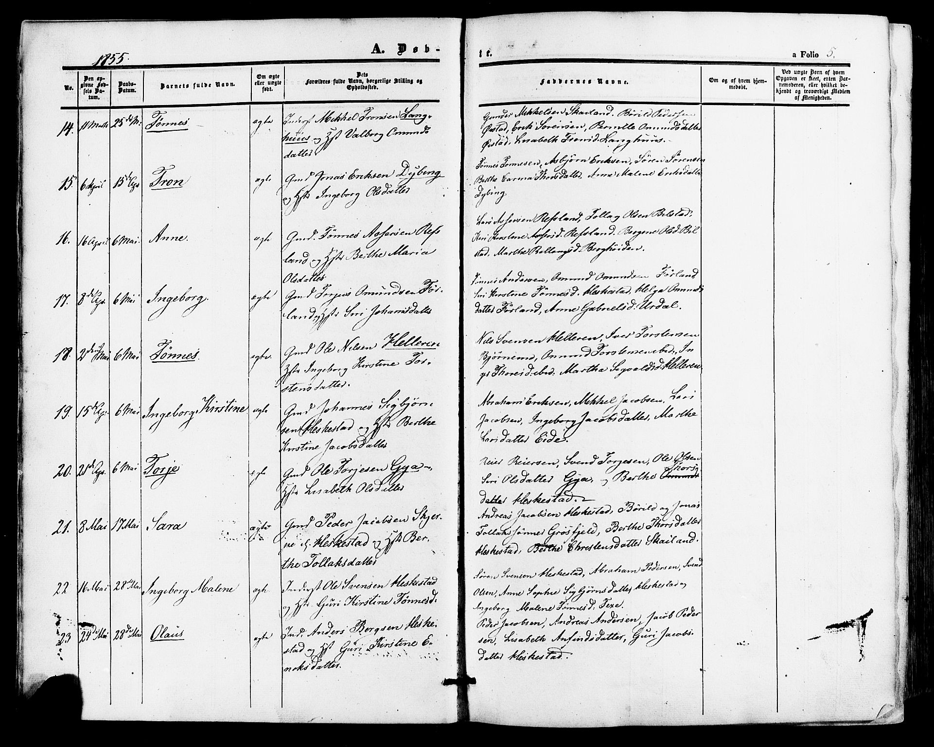 Lund sokneprestkontor, AV/SAST-A-101809/S06/L0010: Parish register (official) no. A 9, 1854-1886, p. 5