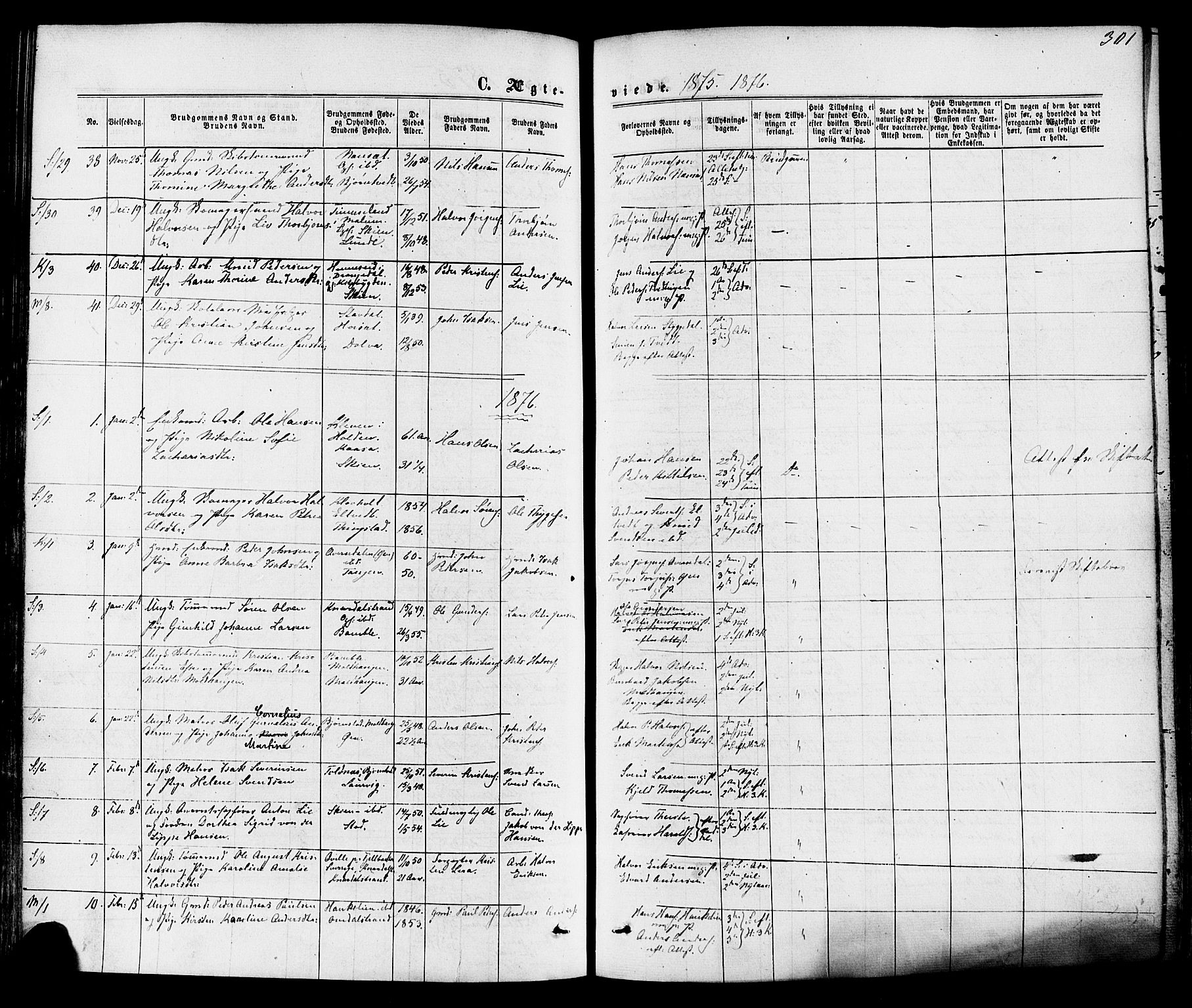 Solum kirkebøker, SAKO/A-306/F/Fa/L0008: Parish register (official) no. I 8, 1865-1876, p. 301