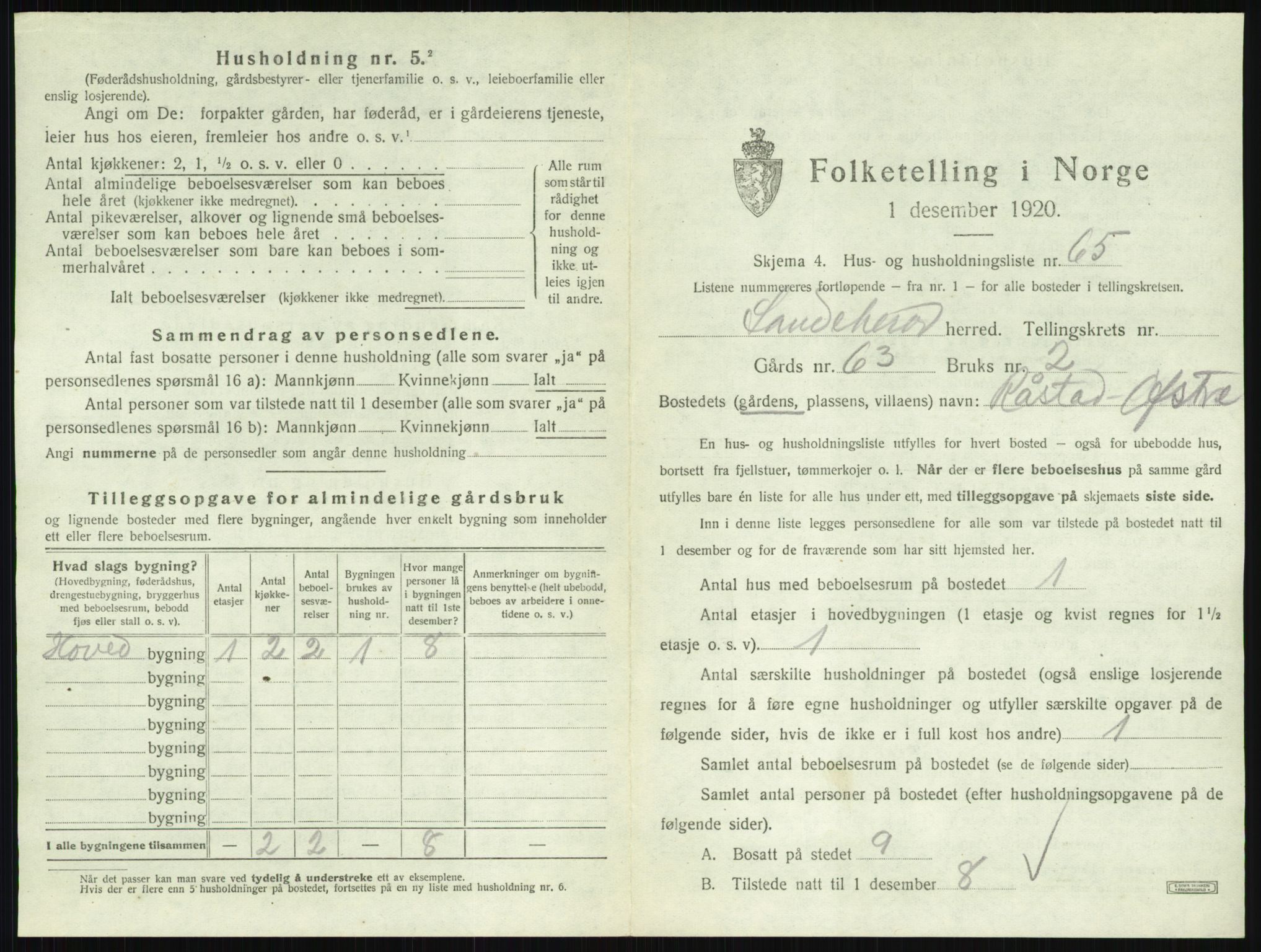 SAKO, 1920 census for Sandeherred, 1920, p. 1587