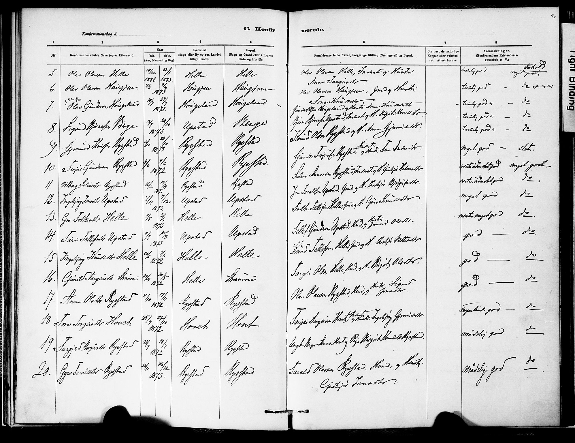 Valle sokneprestkontor, SAK/1111-0044/F/Fa/Fab/L0001: Parish register (official) no. A 1, 1882-1910, p. 94