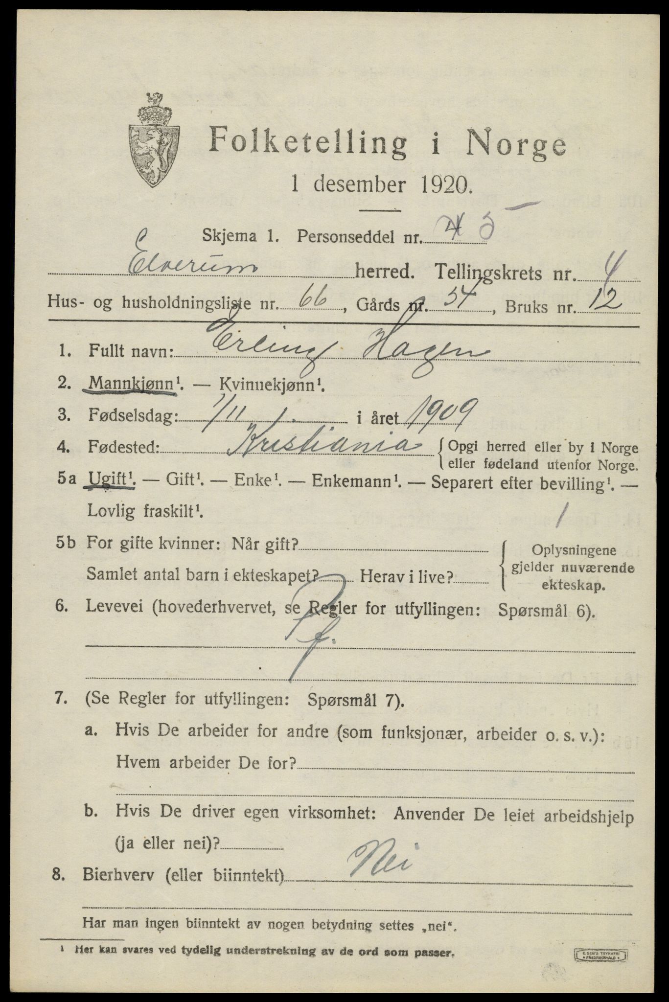 SAH, 1920 census for Elverum, 1920, p. 7480