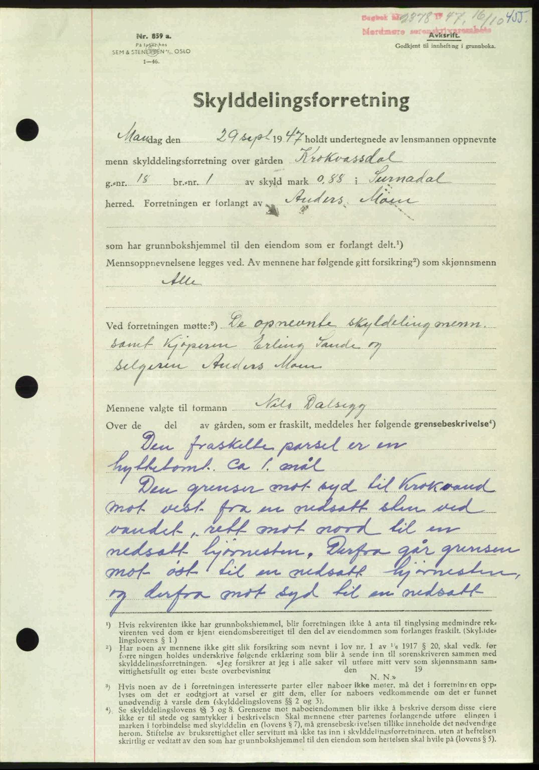 Nordmøre sorenskriveri, AV/SAT-A-4132/1/2/2Ca: Mortgage book no. A106, 1947-1947, Diary no: : 2378/1947