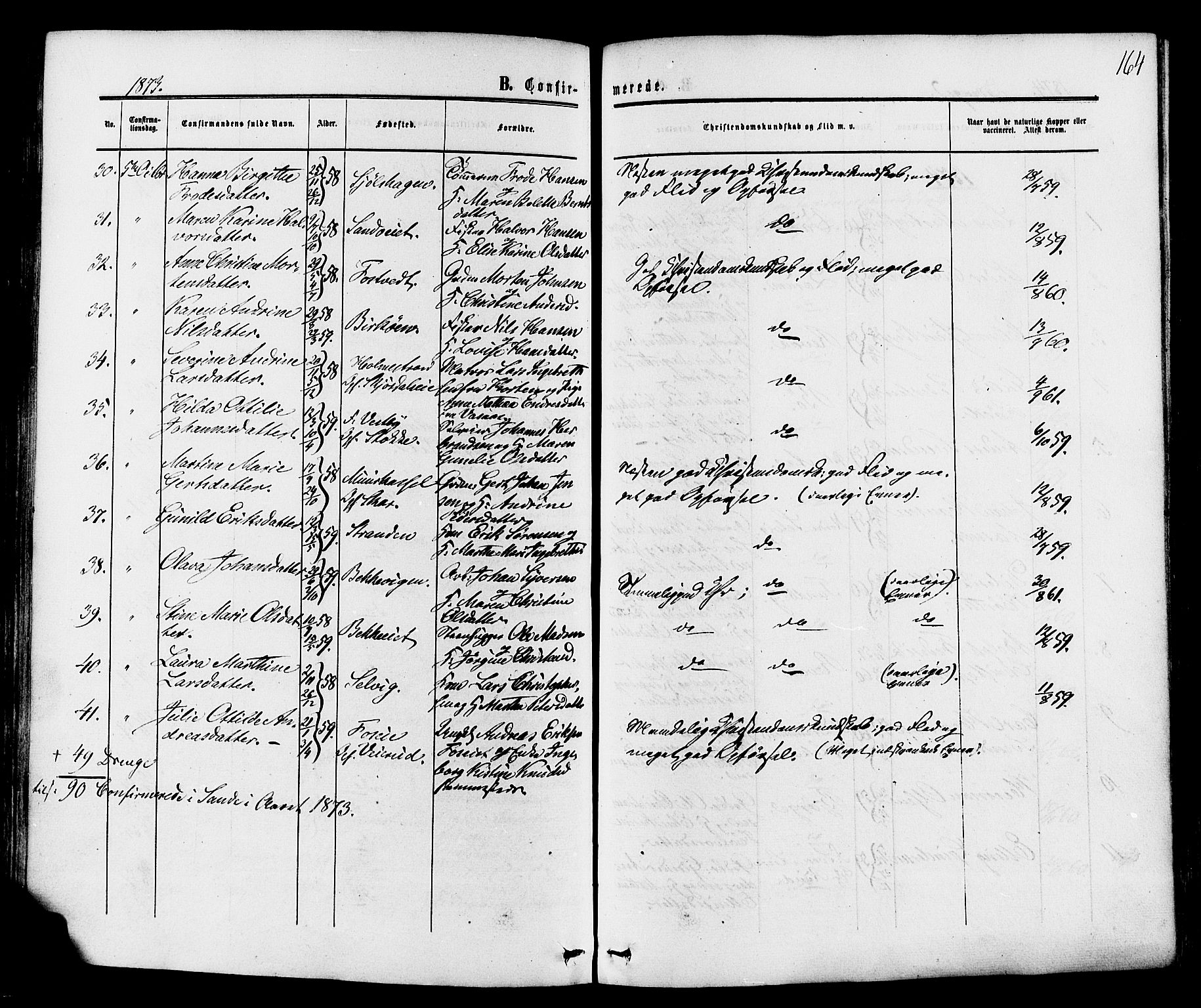 Sande Kirkebøker, SAKO/A-53/F/Fa/L0005: Parish register (official) no. 5, 1865-1877, p. 164