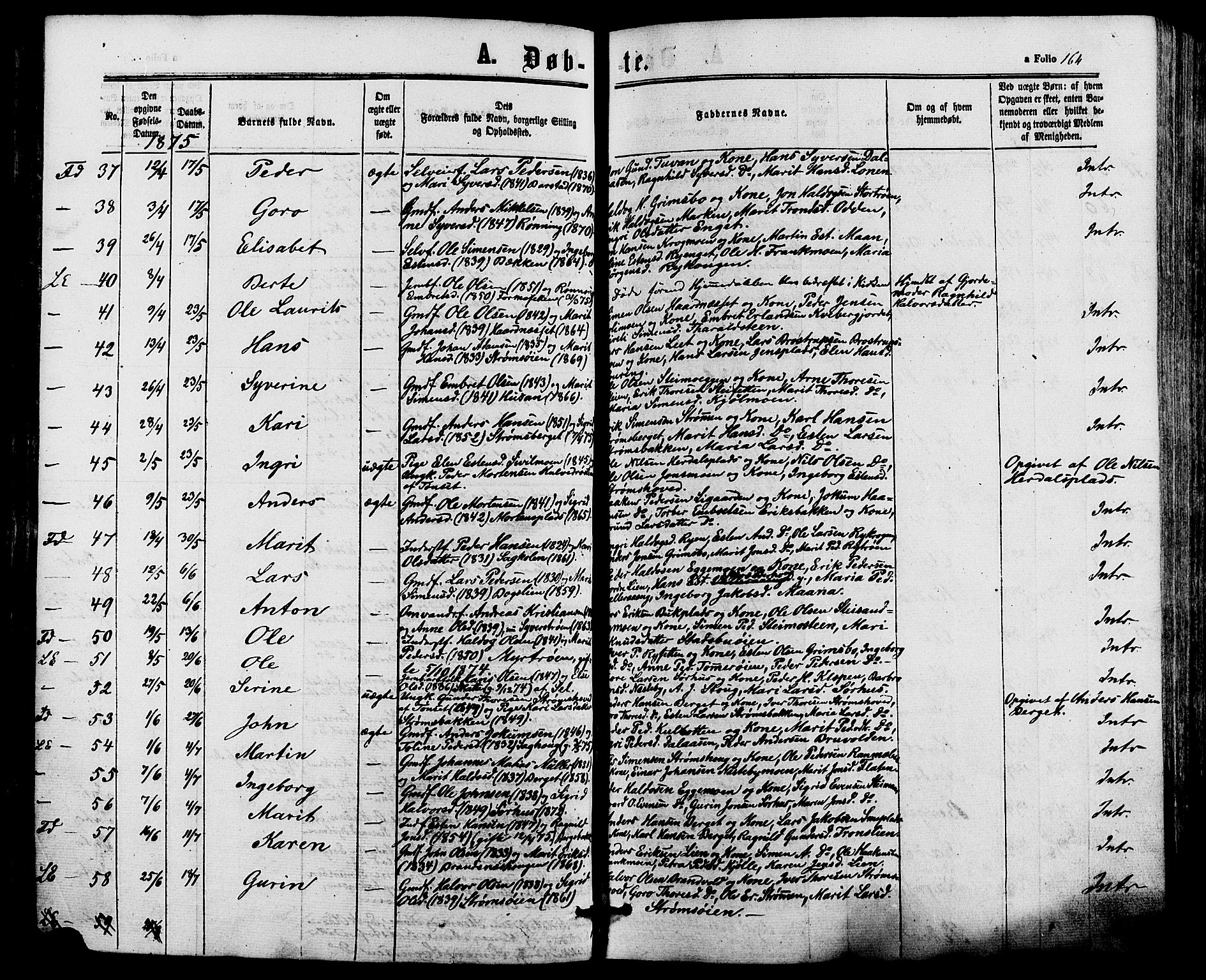 Alvdal prestekontor, AV/SAH-PREST-060/H/Ha/Haa/L0001: Parish register (official) no. 1, 1863-1882, p. 164