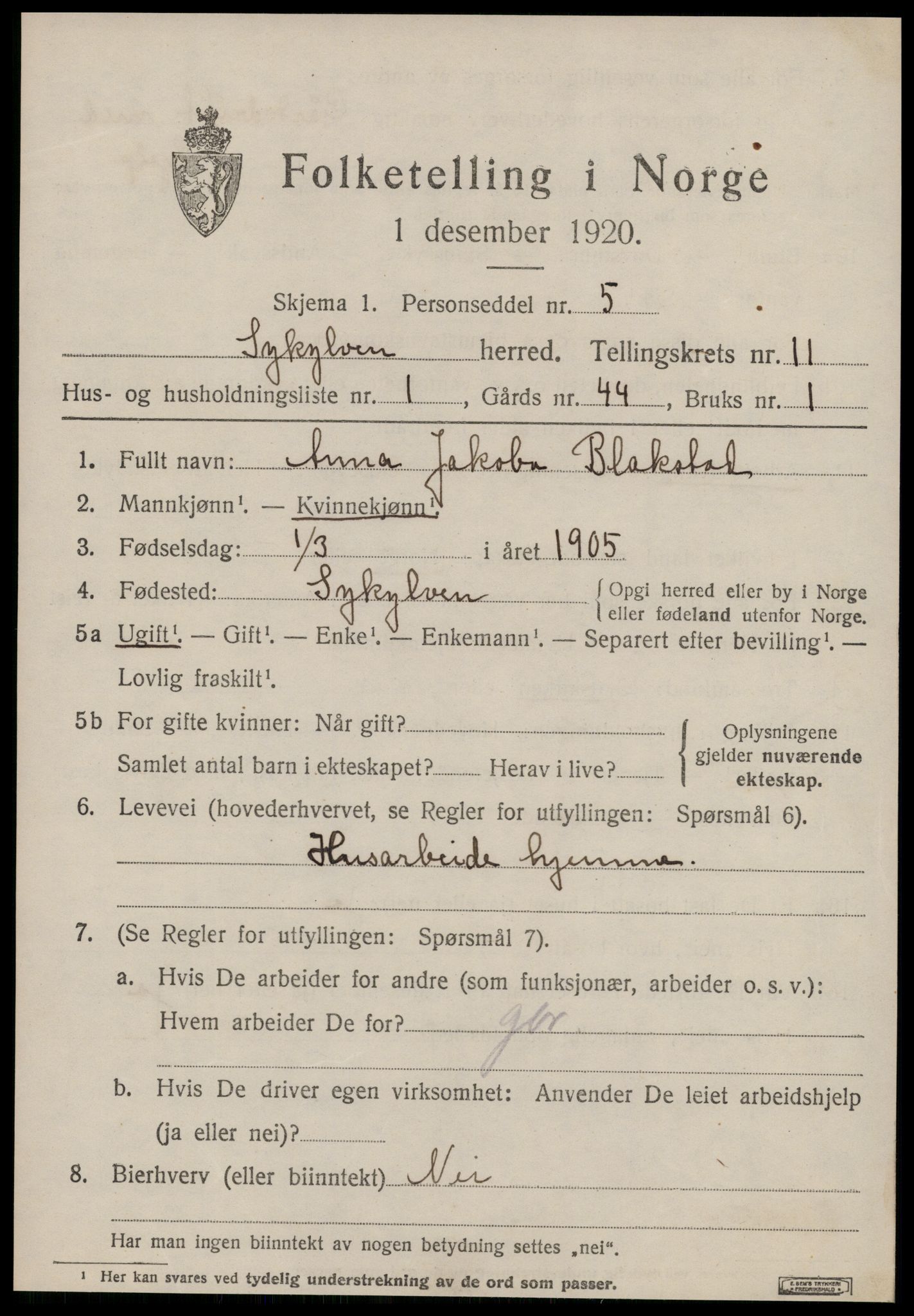 SAT, 1920 census for Sykkylven, 1920, p. 5419