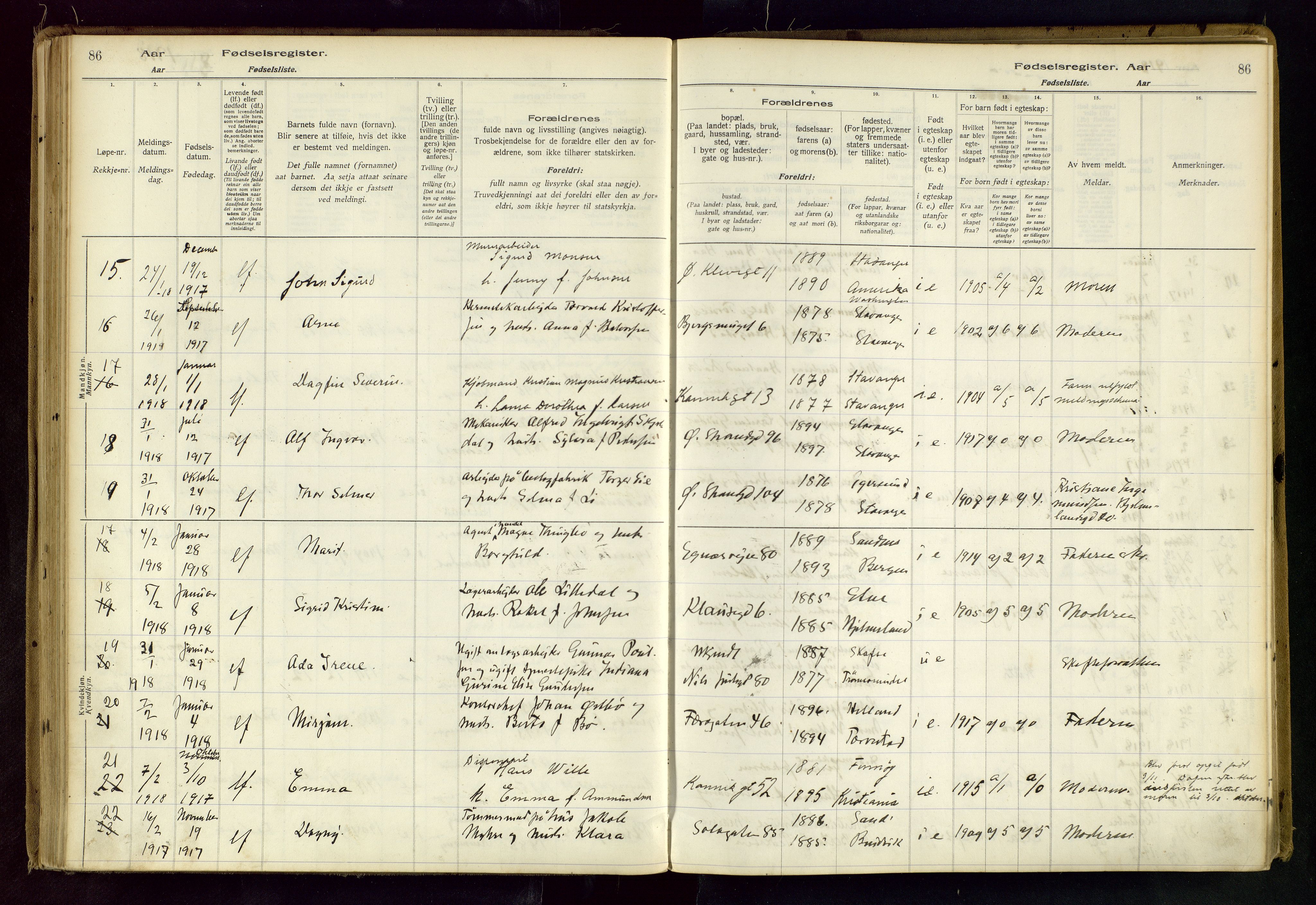 Domkirken sokneprestkontor, AV/SAST-A-101812/002/B/L0001: Birth register no. 1, 1916-1920, p. 86