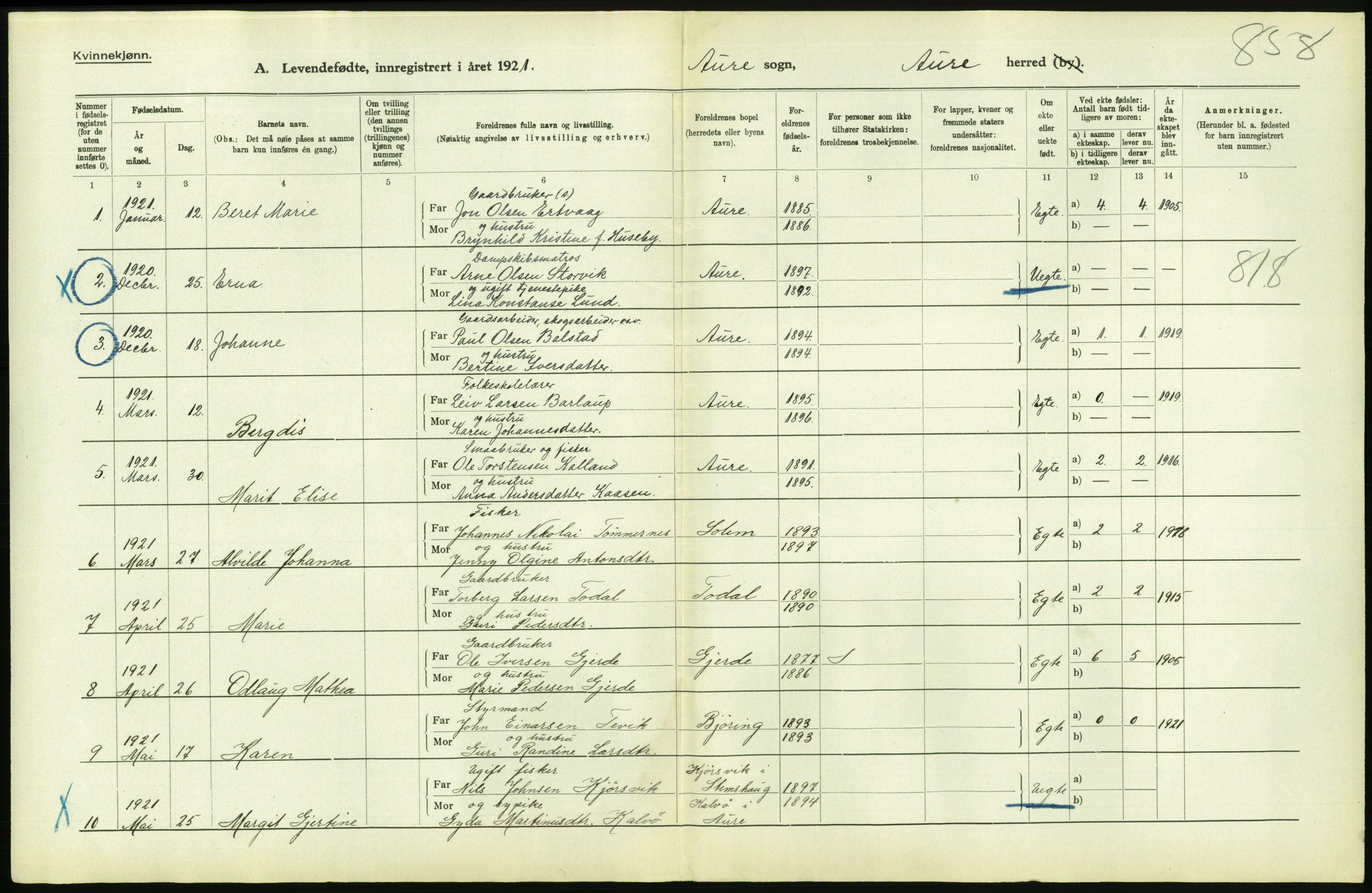 Statistisk sentralbyrå, Sosiodemografiske emner, Befolkning, RA/S-2228/D/Df/Dfc/Dfca/L0040: Møre fylke: Levendefødte menn og kvinner. Bygder., 1921, p. 730