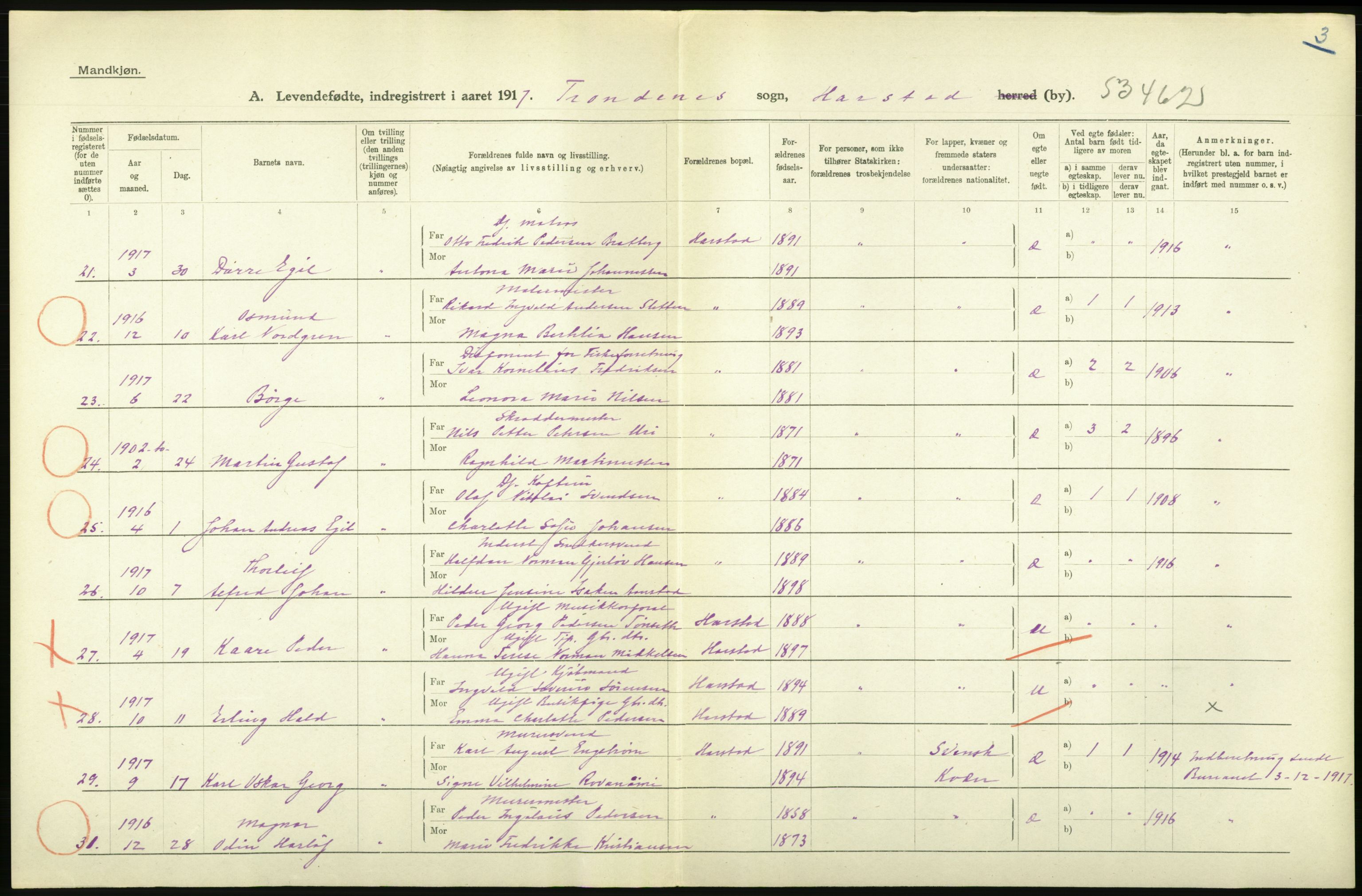 Statistisk sentralbyrå, Sosiodemografiske emner, Befolkning, AV/RA-S-2228/D/Df/Dfb/Dfbg/L0053: Tromsø amt: Levendefødte menn og kvinner. Bygder og byer., 1917, p. 110