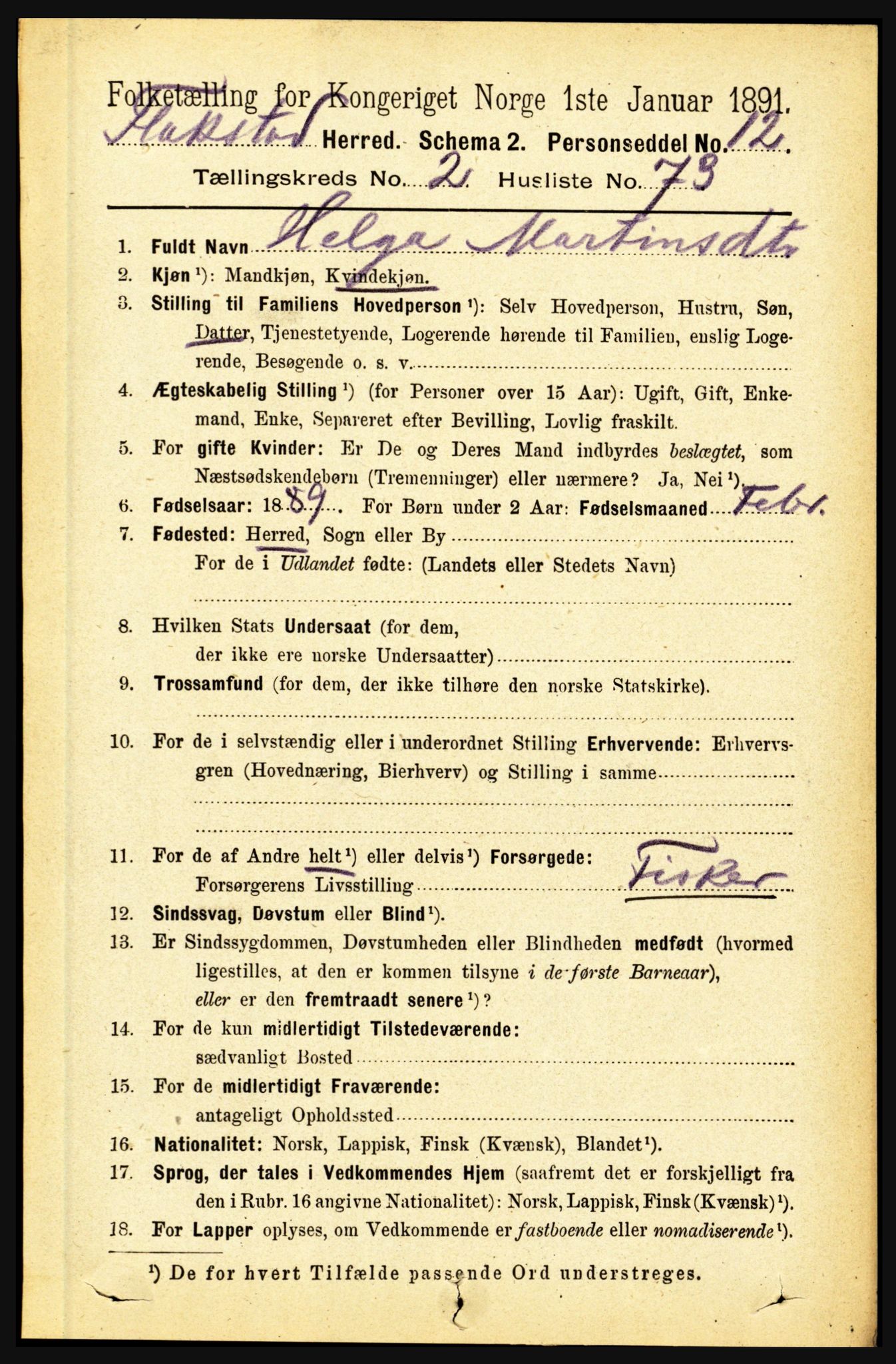 RA, 1891 census for 1859 Flakstad, 1891, p. 1173