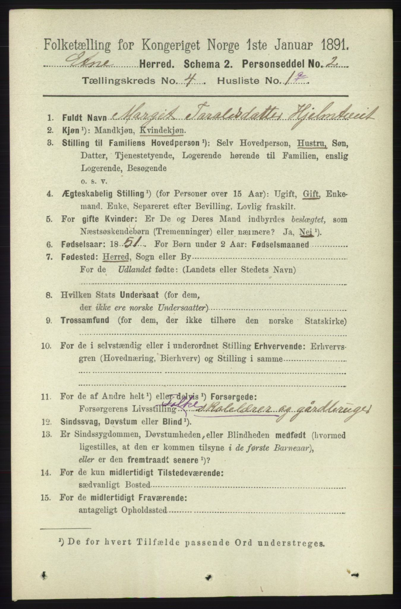 RA, 1891 census for 1211 Etne, 1891, p. 854